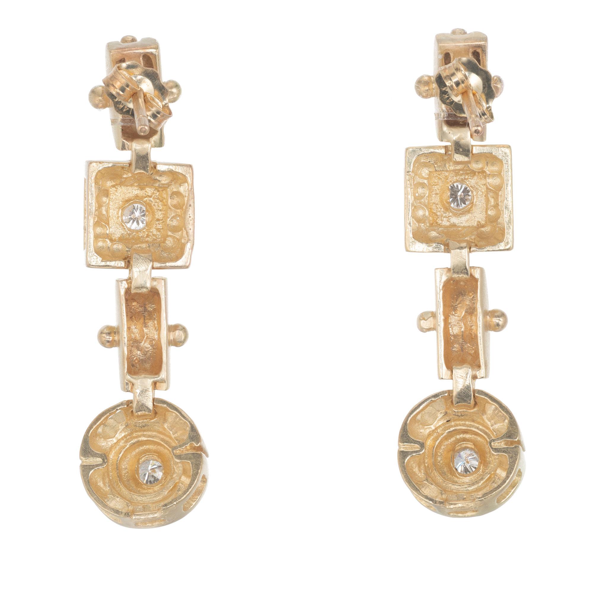 Round Cut .32 Carat Diamond Yellow Gold Etruscan Dangle Earrings