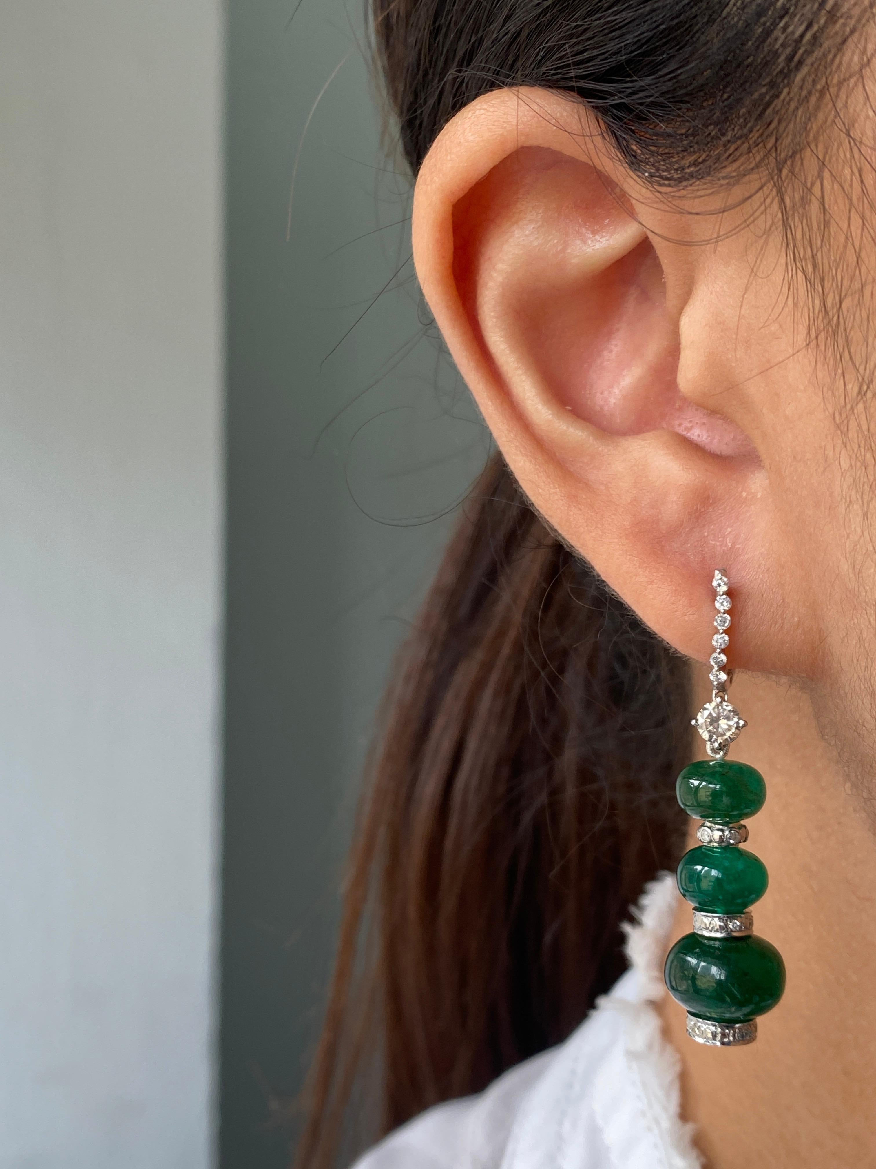 Art Deco 32 Carat Emerald Beads Dangle Earrings For Sale