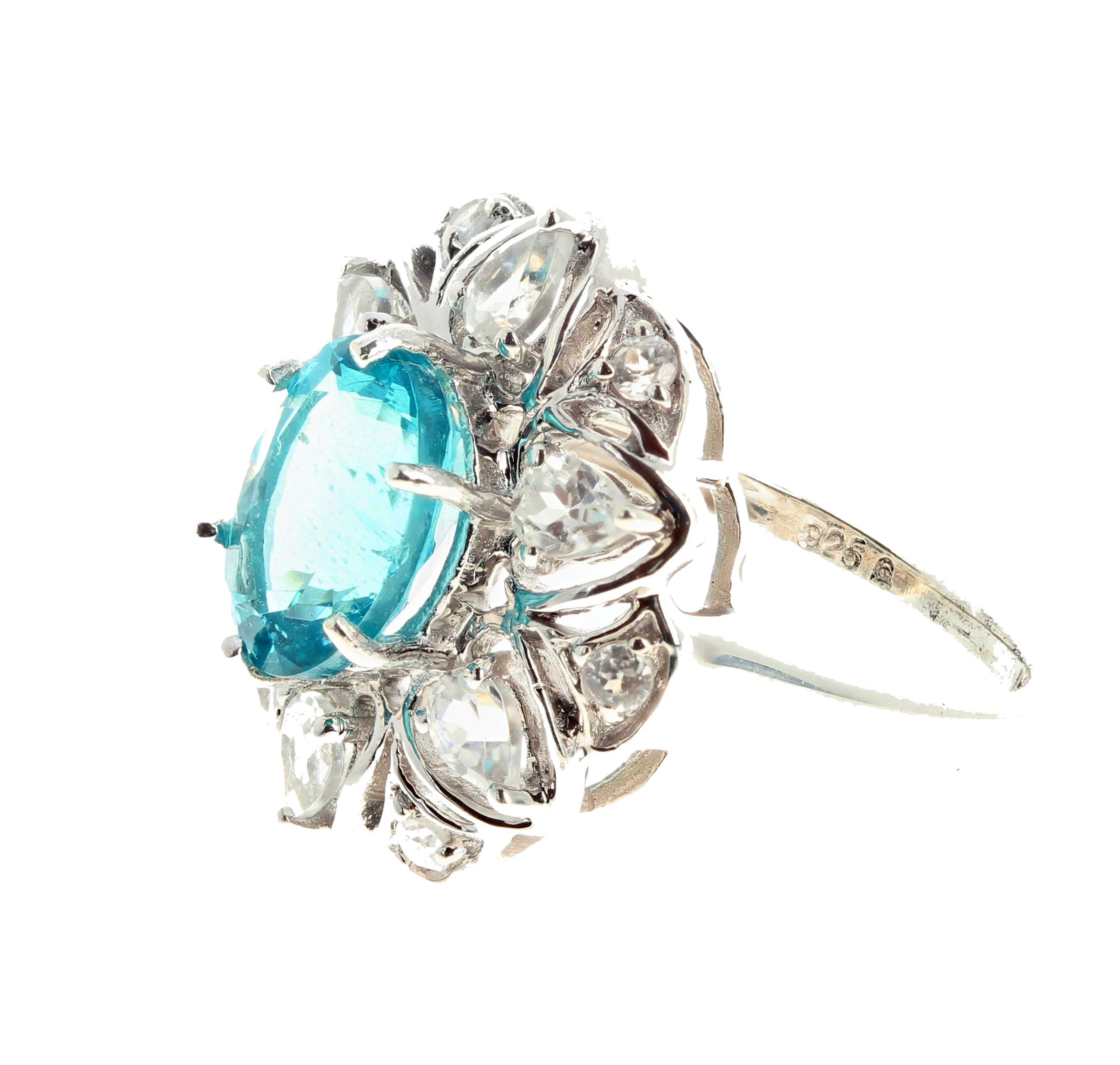 Mixed Cut AJD Stunning 3.2Ct Natural Brilliant Blue Zircon & Natural White Zircons Ring