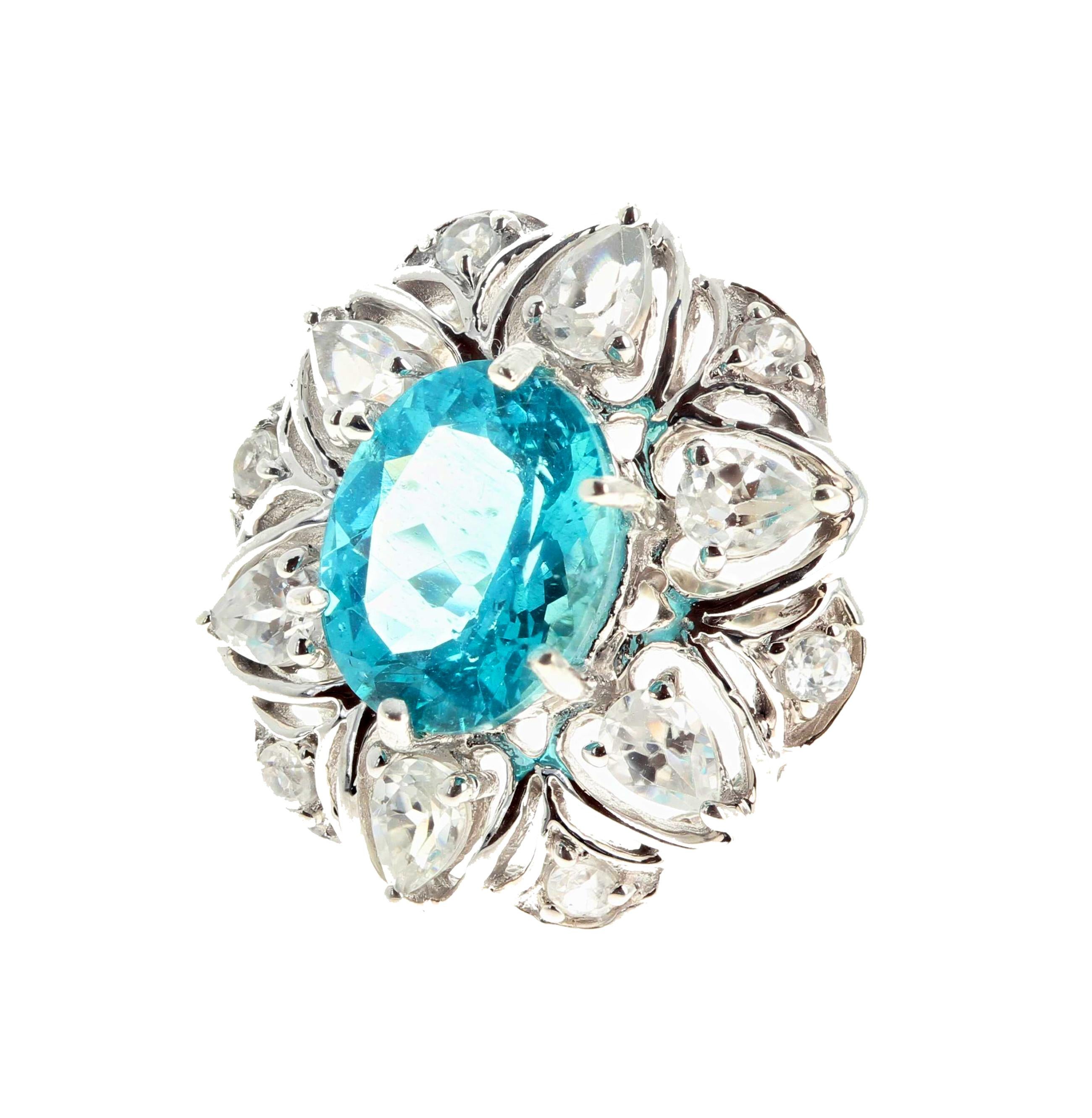 AJD Stunning 3.2Ct Natural Brilliant Blue Zircon & Natural White Zircons Ring In New Condition In Raleigh, NC