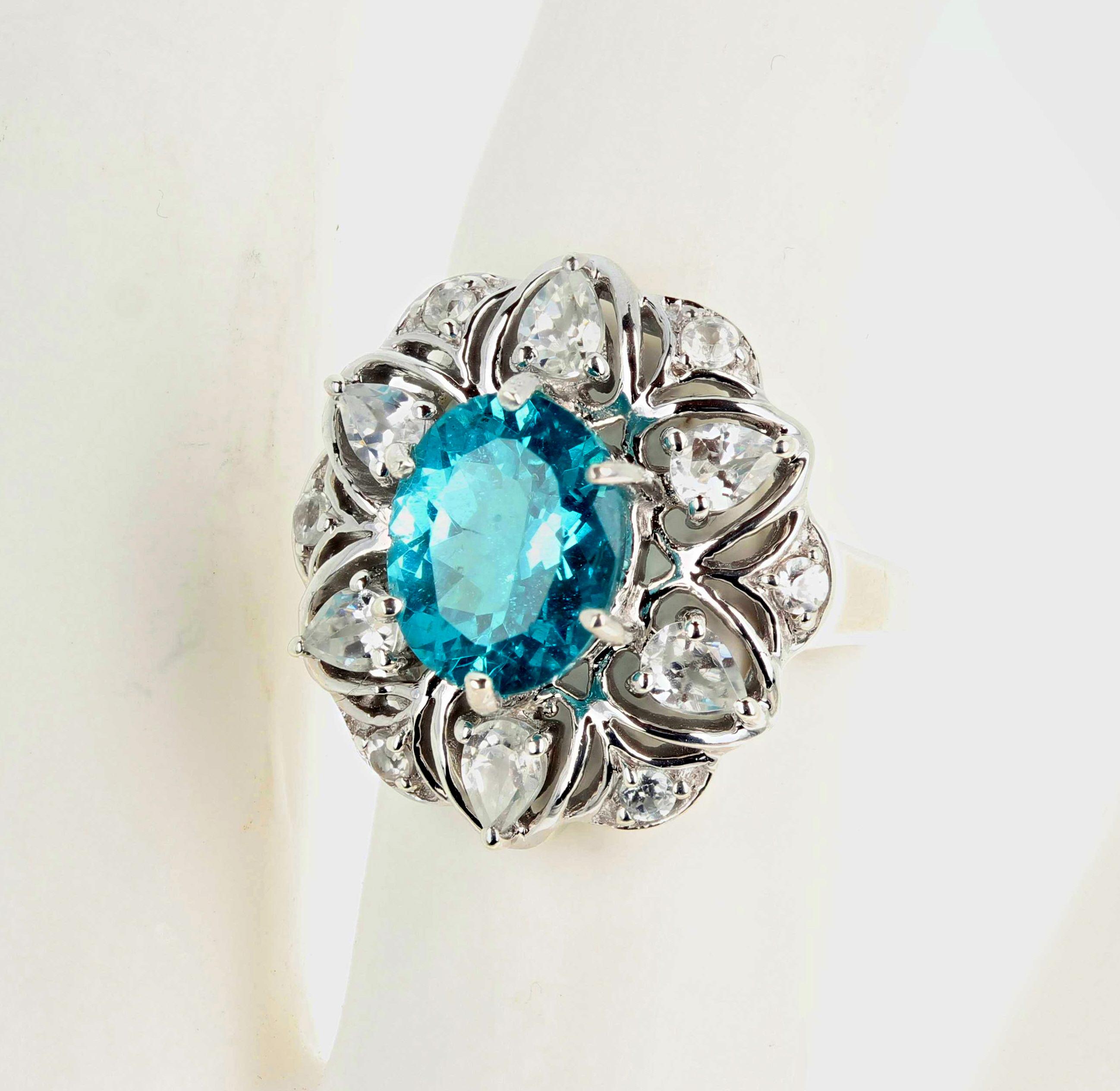 AJD Stunning 3.2Ct Natural Brilliant Blue Zircon & Natural White Zircons Ring For Sale 1