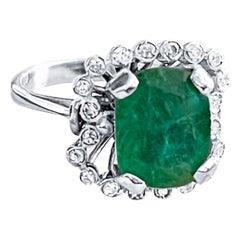 3.2 Carat Natural Emerald Cut Emerald & 0.25 Ct Diamond Ring 14 Karat White Gold