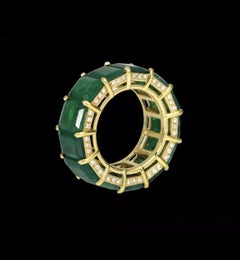 32 Carat Natural Emerald Eternity Band with Diamond Detail 18k Yellow Gold Sz 6