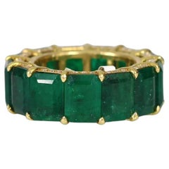 32 Carat Natural Emerald Eternity Band with Diamond Detail 18k Yellow Gold Sz 6