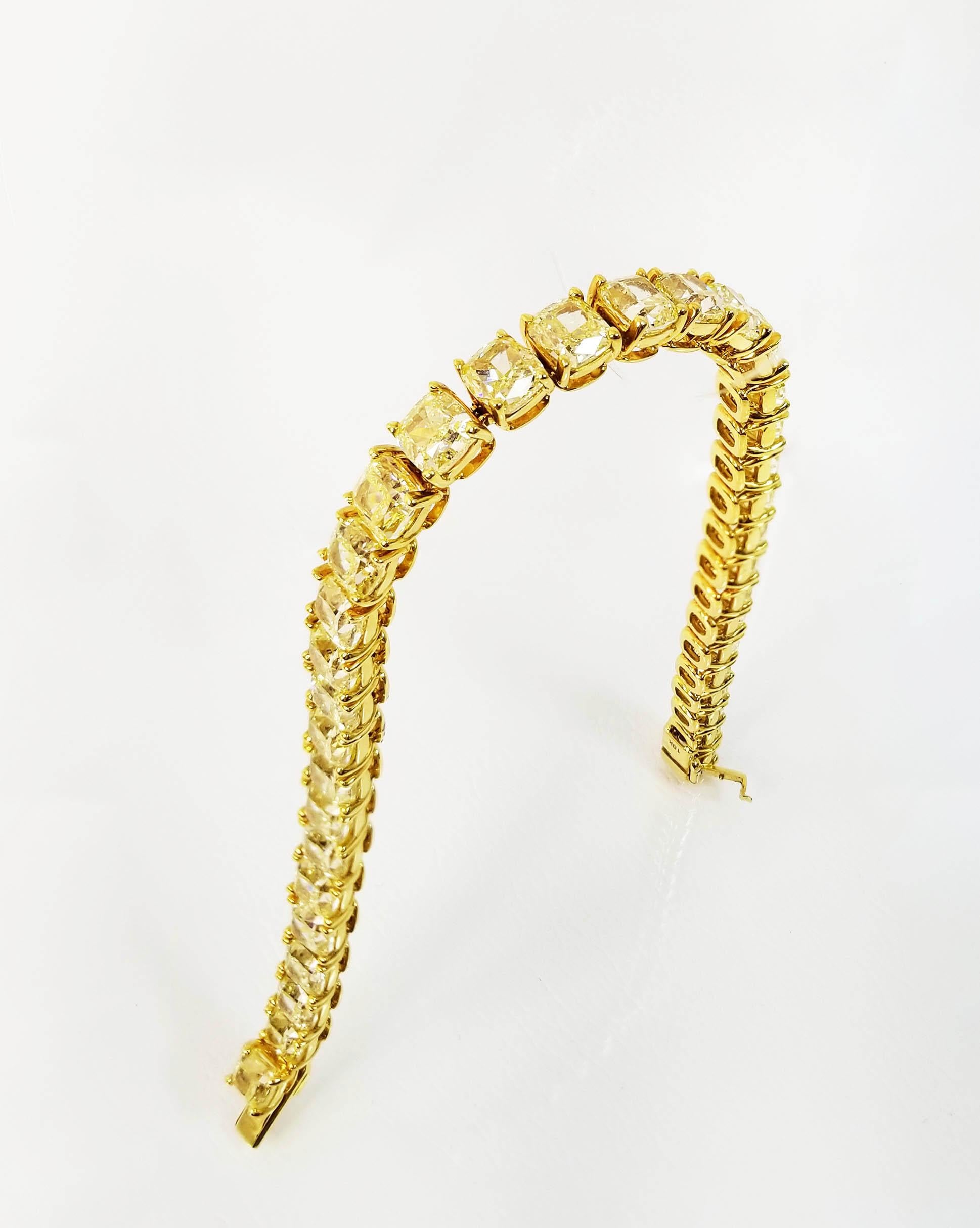 32+ Carat Natural Fancy Yellow Cushion-Cut Diamond Tennis Bracelet GIA Scarselli For Sale 2