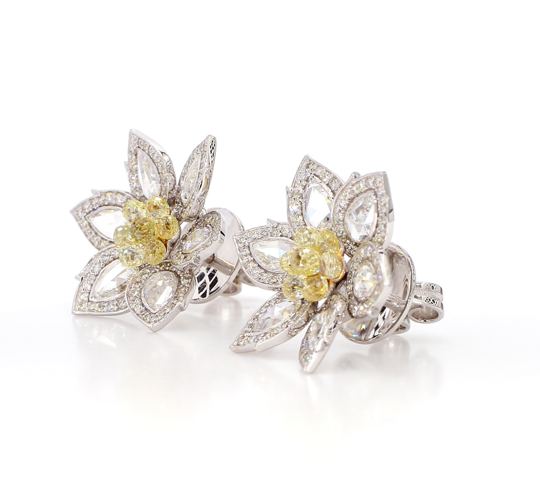 Modern 3.2 Carat Natural Fancy Yellow Diamond Earrings 18K Gold For Sale