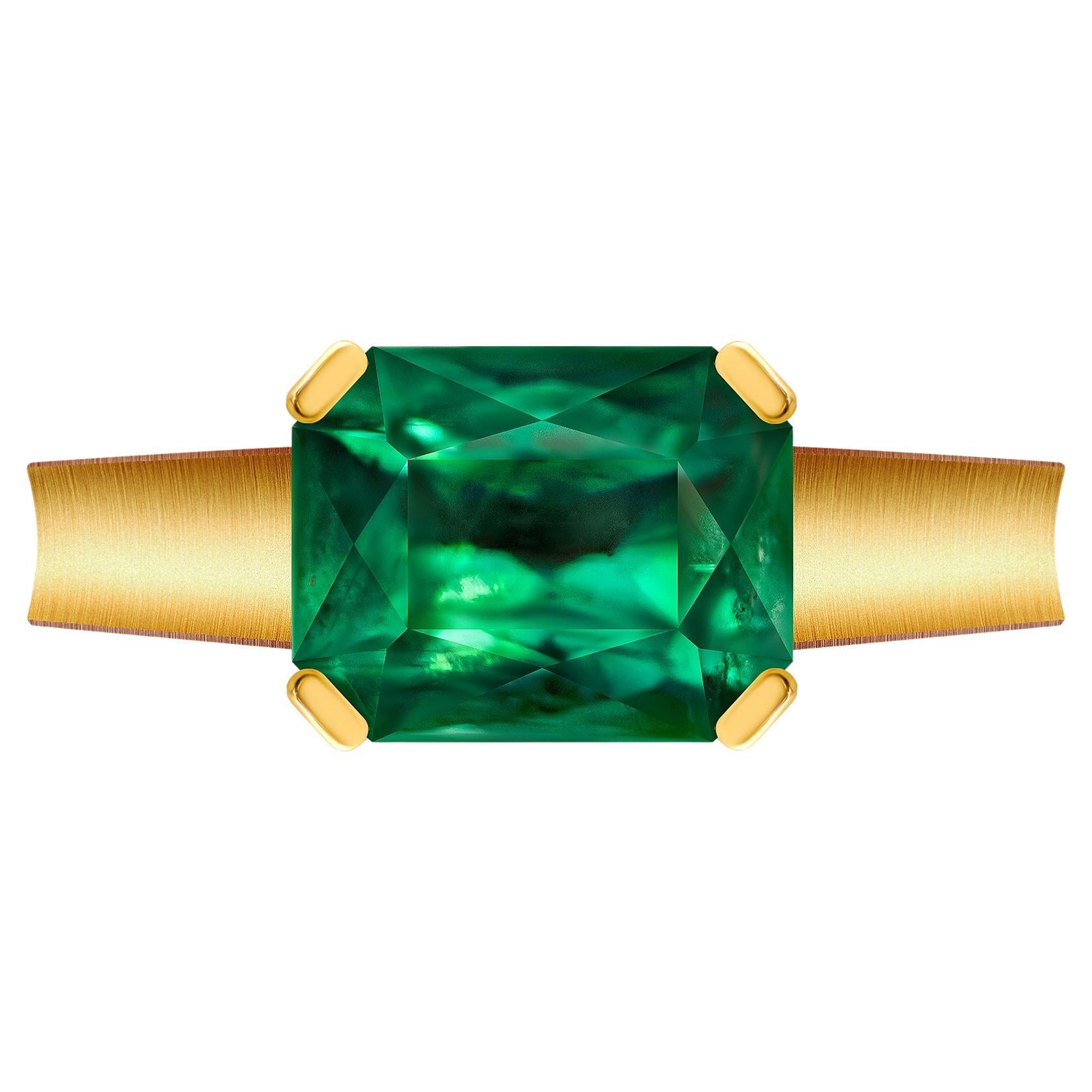 3.2 Carat Natural Zambian Emerald 18 Karat Yellow Gold Ring For Sale