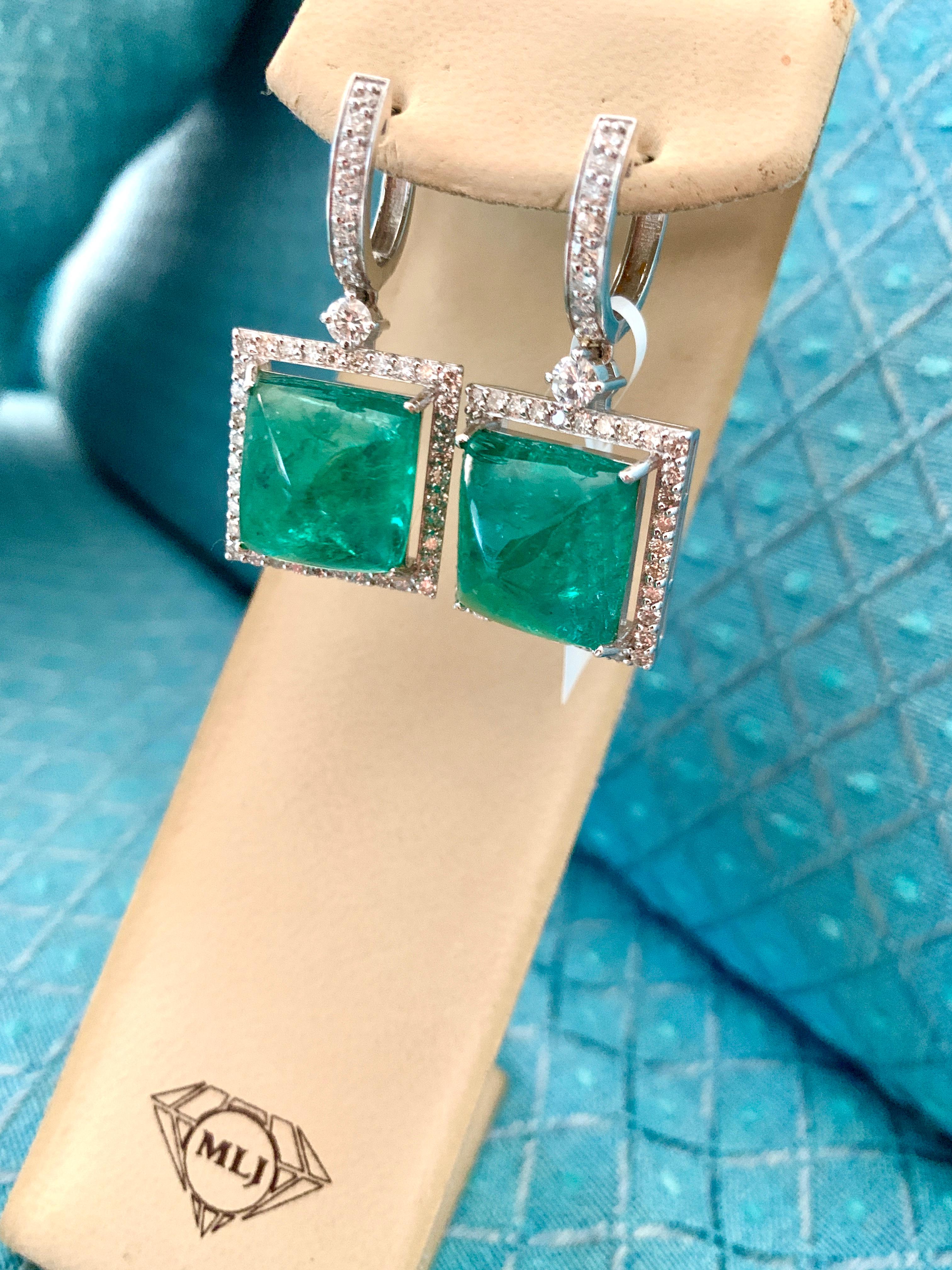 32Carat Natural Zambian Emerald Sugar Loaf Cabochon & Diamond/Drop Earrings 18KG For Sale 9