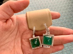 32Carat Natural Zambian Emerald Sugar Loaf Cabochon & Diamond/Drop Earrings 18KG