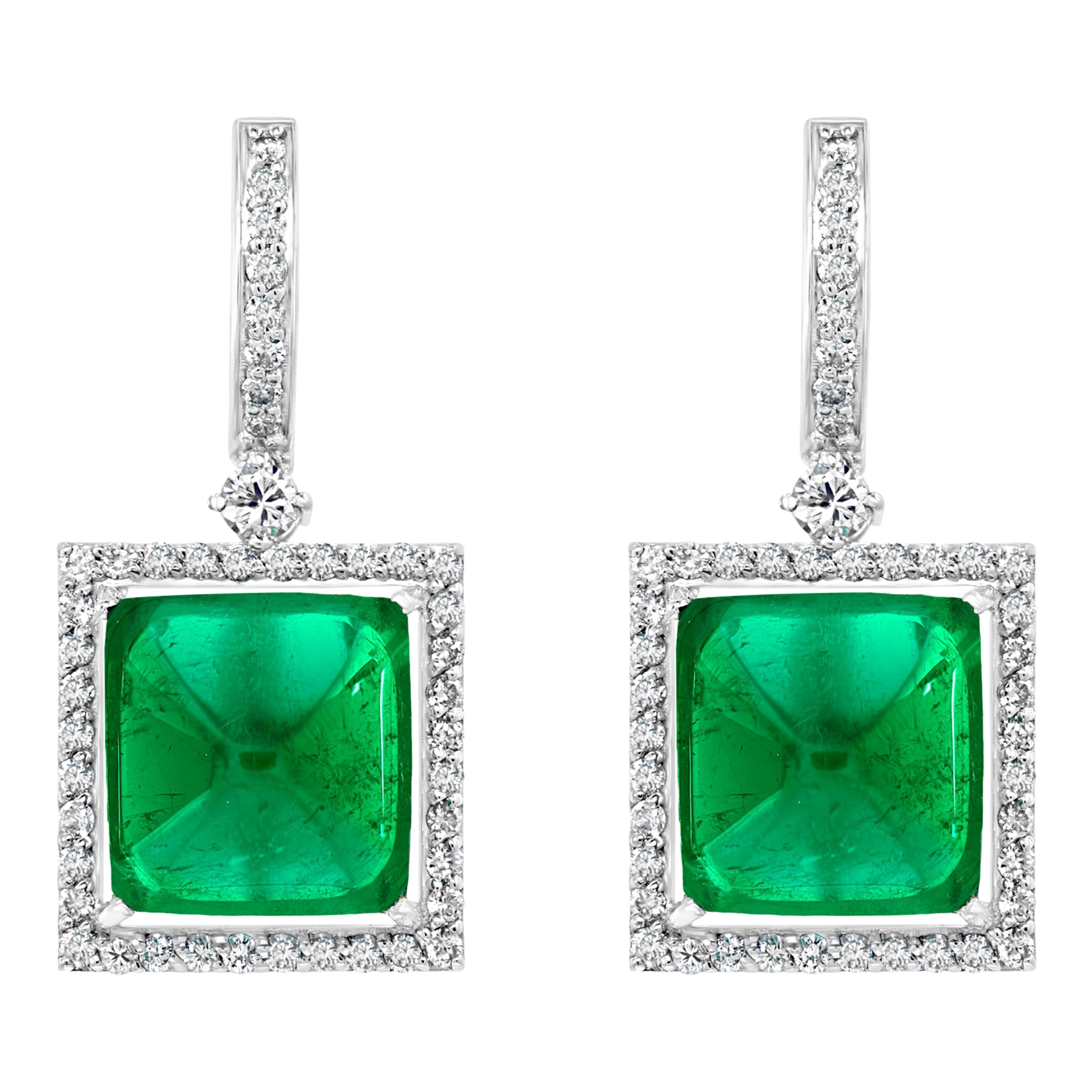 32Carat Natural Zambian Emerald Sugar Loaf Cabochon & Diamond/Drop Earrings 18KG For Sale