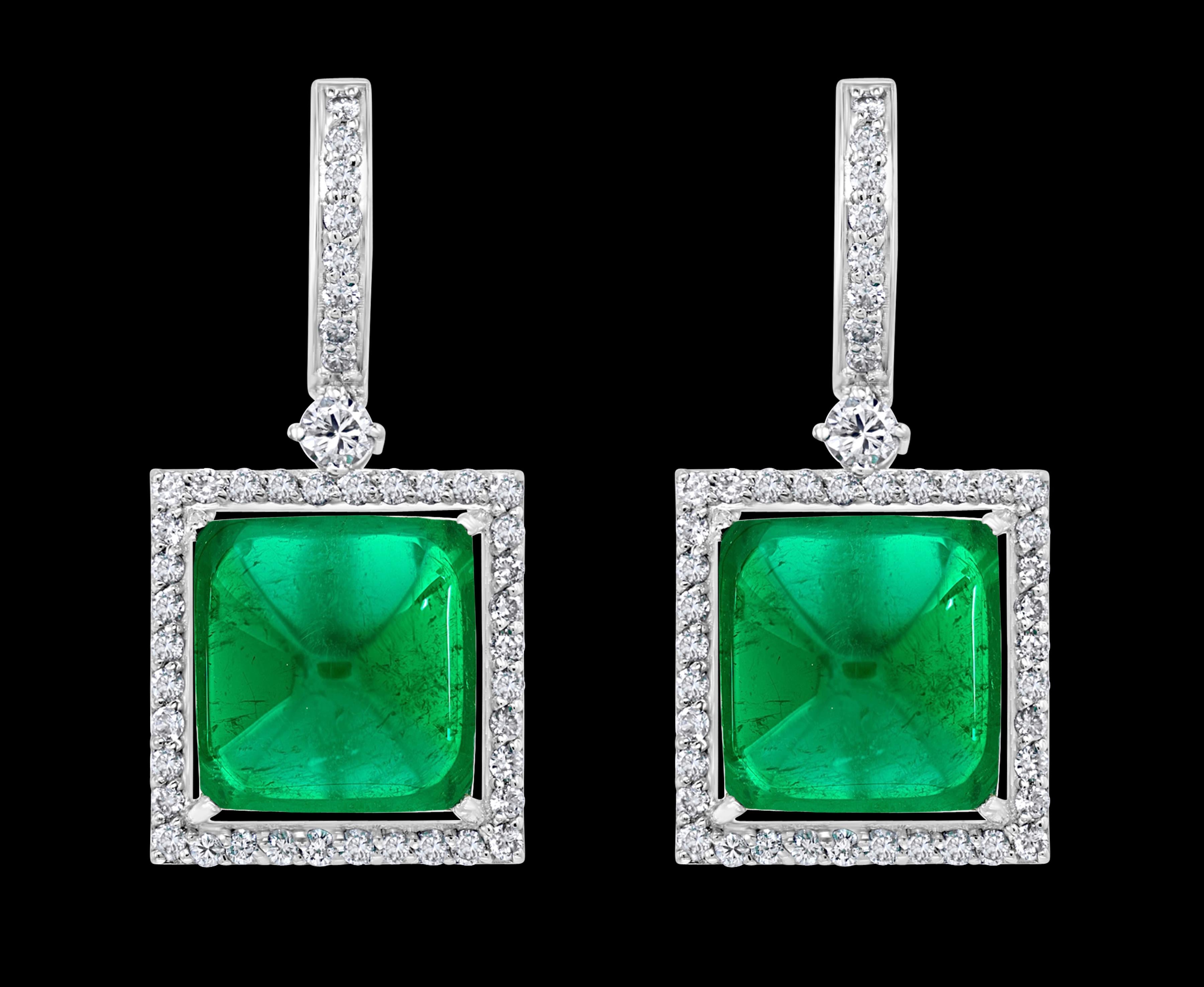 32 Karat natürlicher sambischer Smaragd Zuckerblatt Cabochon & Diamant/ Tropfenohrringe 18KG im Zustand „Neu“ im Angebot in New York, NY