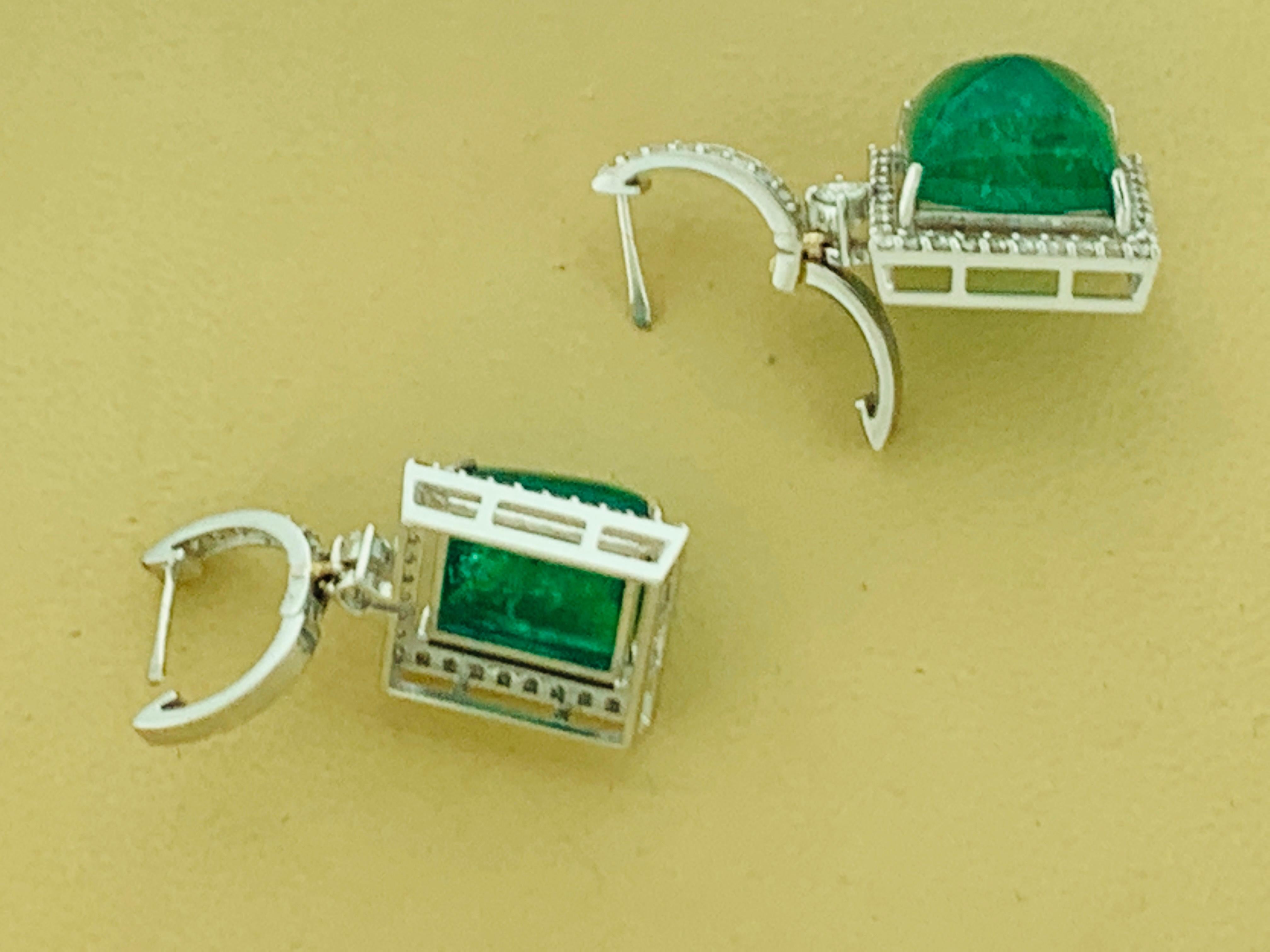 Women's 32Carat Natural Zambian Emerald Sugar Loaf Cabochon & Diamond/Drop Earrings 18KG For Sale