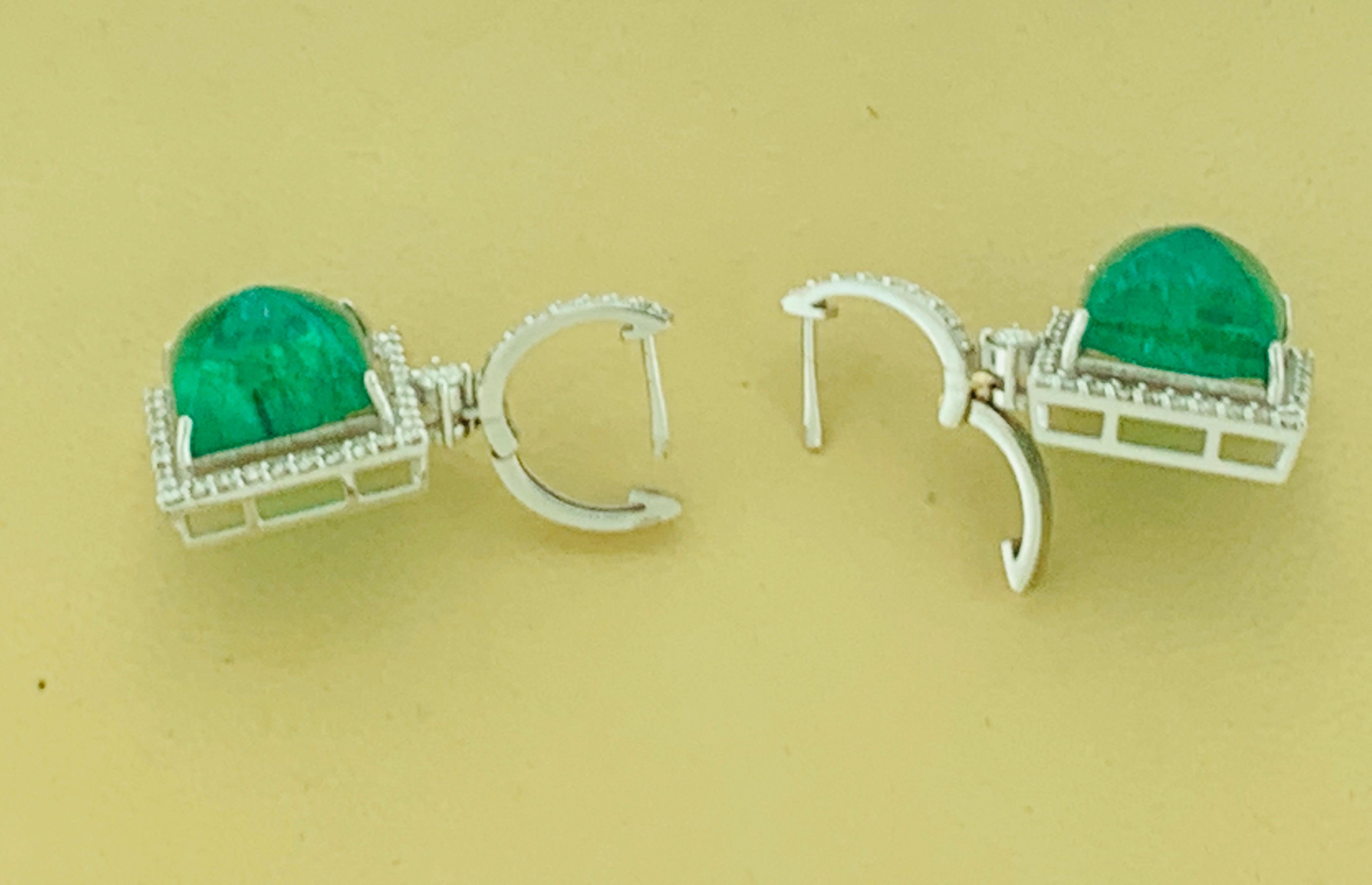 32Carat Natural Zambian Emerald Sugar Loaf Cabochon & Diamond/Drop Earrings 18KG For Sale 1