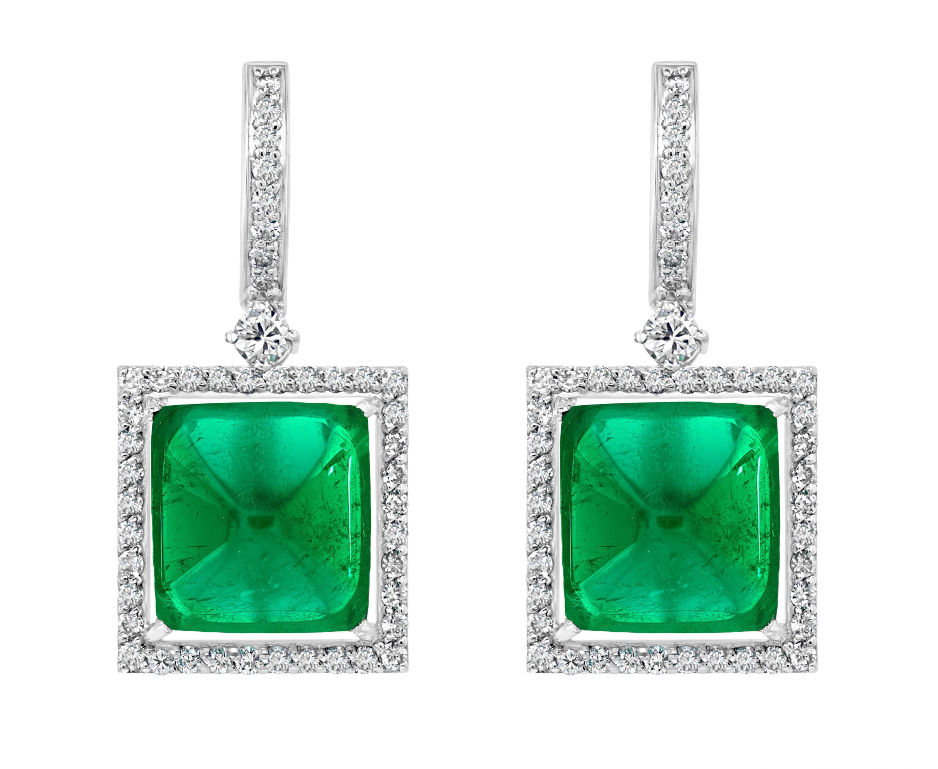 32Carat Natural Zambian Emerald Sugar Loaf Cabochon & Diamond/Drop Earrings 18KG For Sale 4