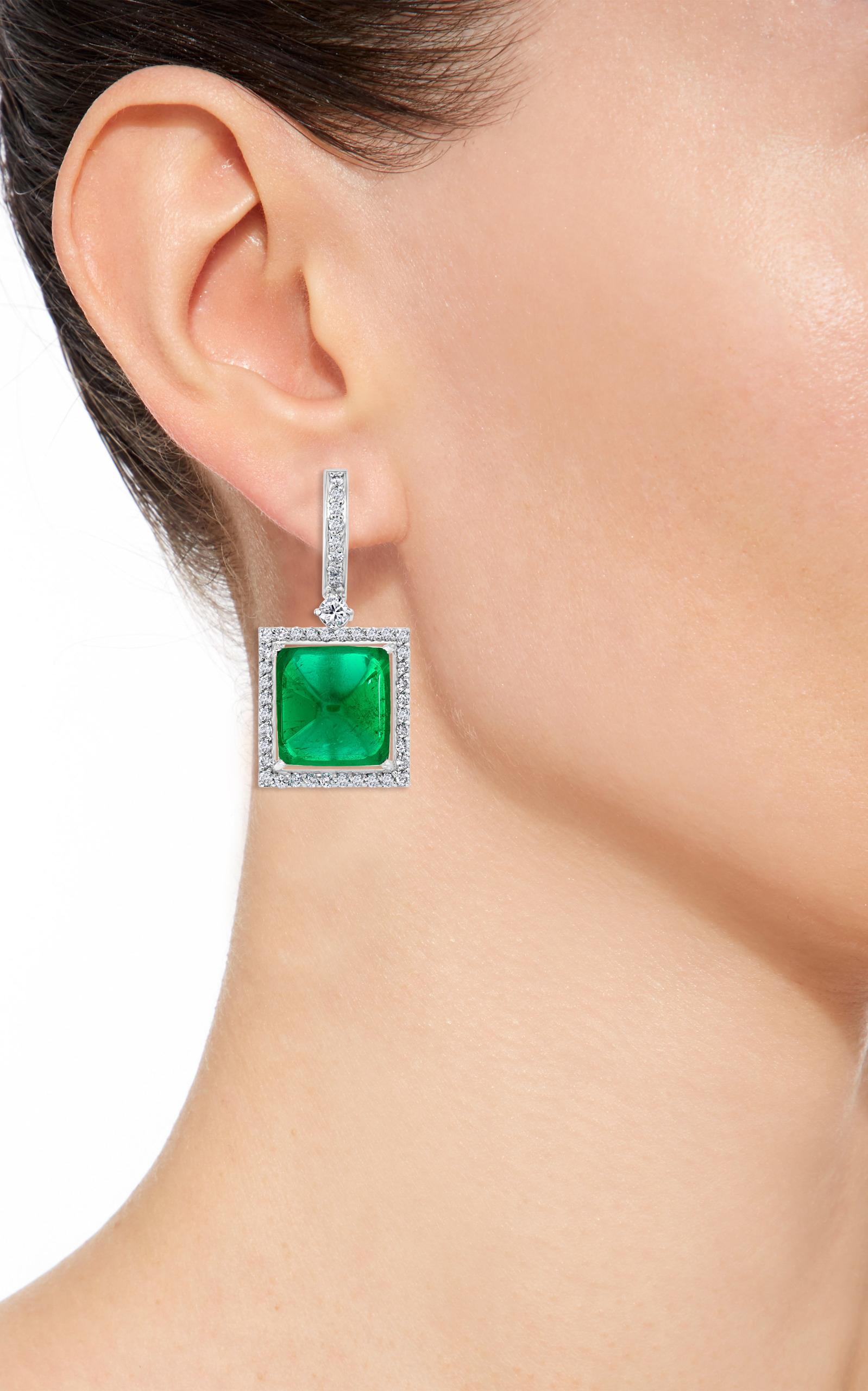 32Carat Natural Zambian Emerald Sugar Loaf Cabochon & Diamond/Drop Earrings 18KG For Sale 2