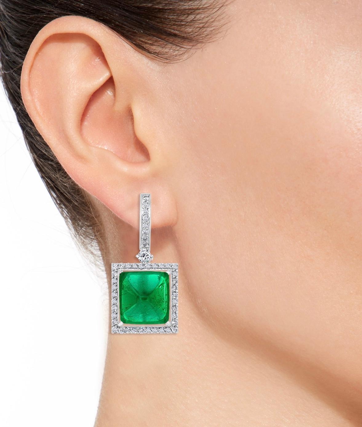 32Carat Natural Zambian Emerald Sugar Loaf Cabochon & Diamond/Drop Earrings 18KG For Sale 5