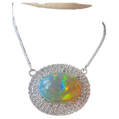 32 Carat Oval Ethiopian Opal & Diamond Pendant 14 Karat White Gold Necklace
