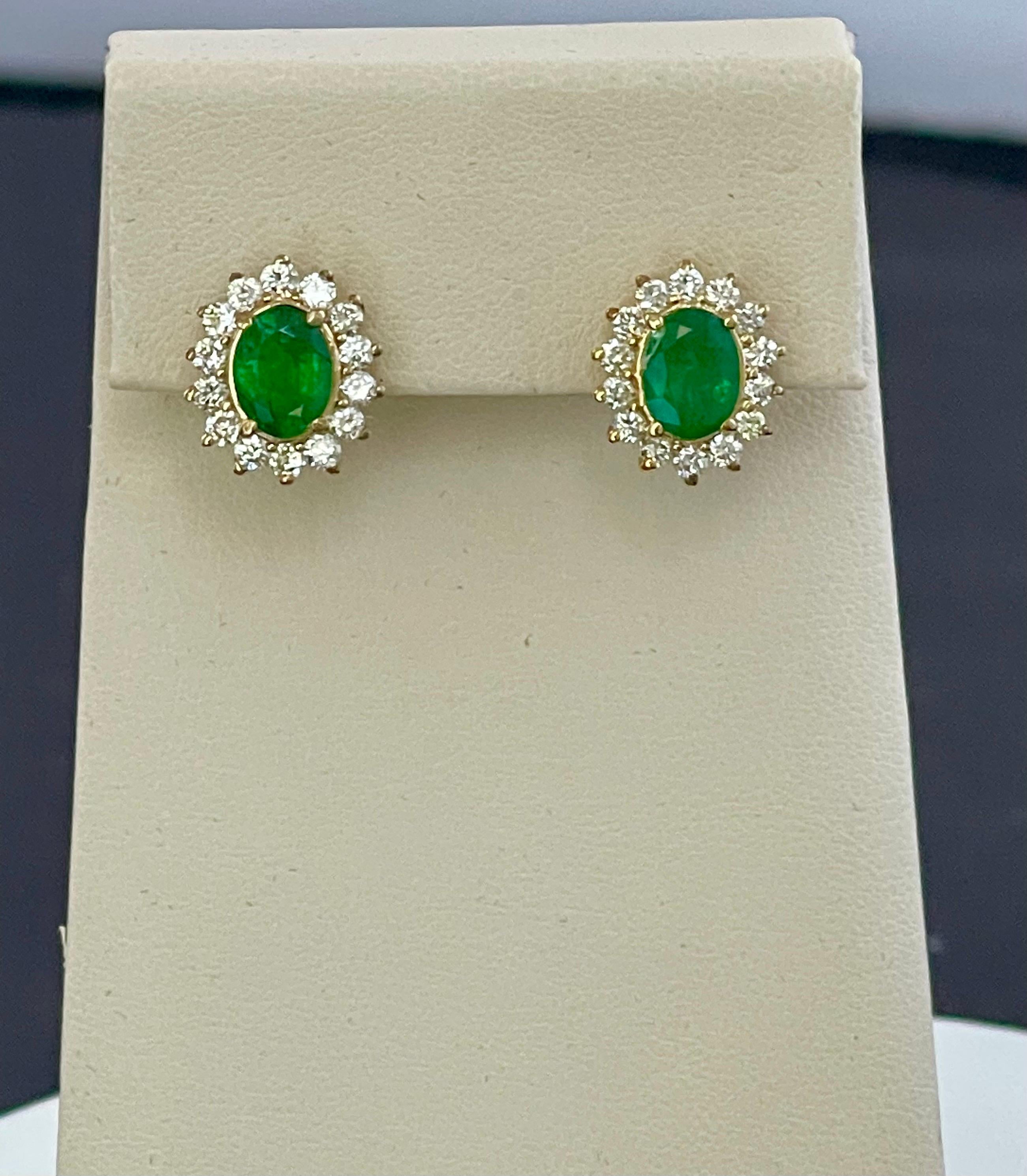 4 Carat Oval Shape Emerald and Diamond Post Back Earrings 14 Karat Yellow Gold 11