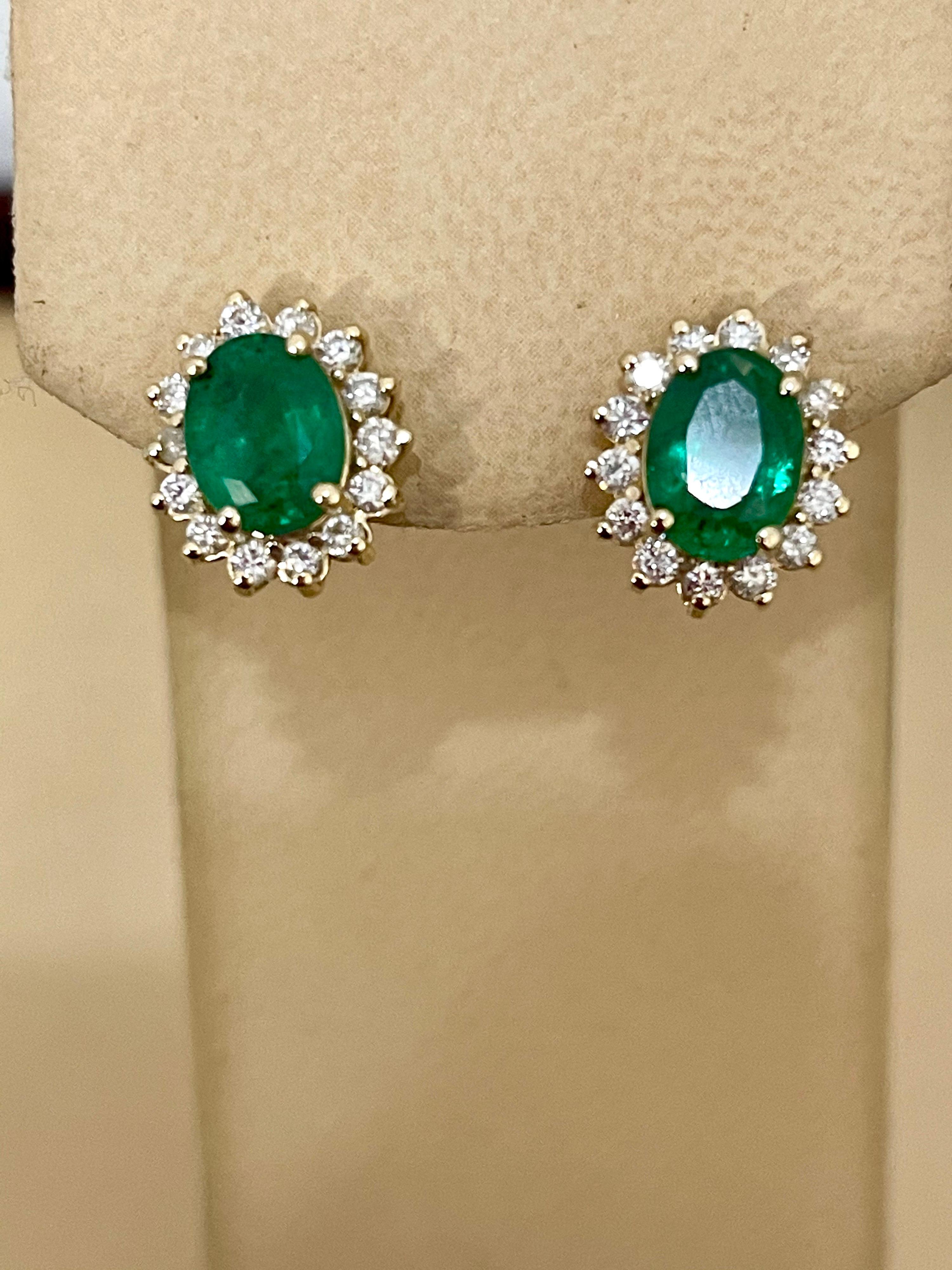 Oval Cut 4 Carat Oval Shape Emerald and Diamond Post Back Earrings 14 Karat Yellow Gold