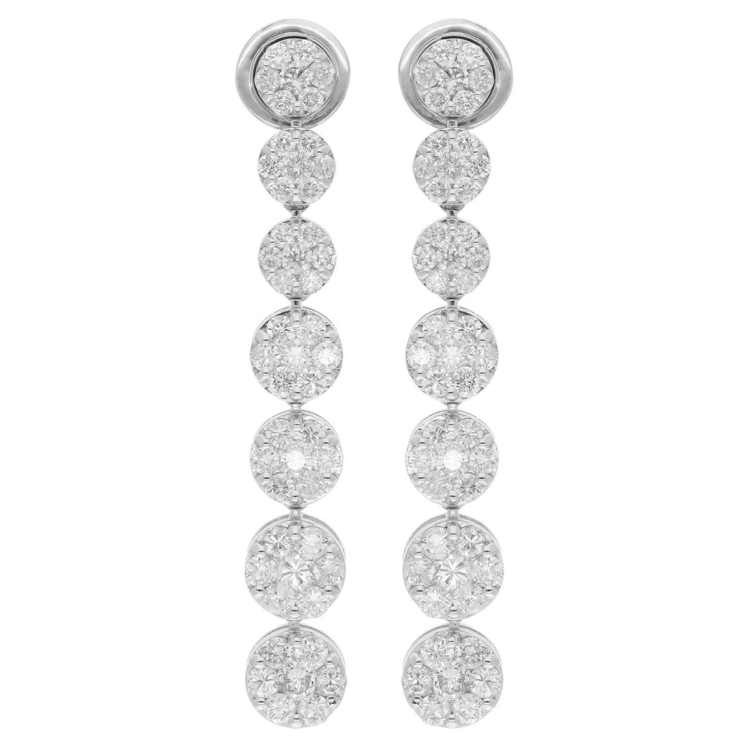 Longues boucles d'oreilles pendantes en or blanc 18 carats avec diamants pavés de 3,2 carats, fabrication artisanale