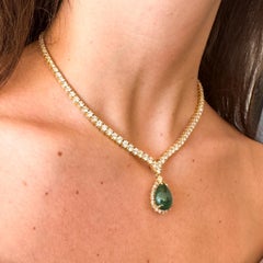 32 Carat Pear Cabochon Emerald & Diamond 18K Gold Drop Emerald Necklace