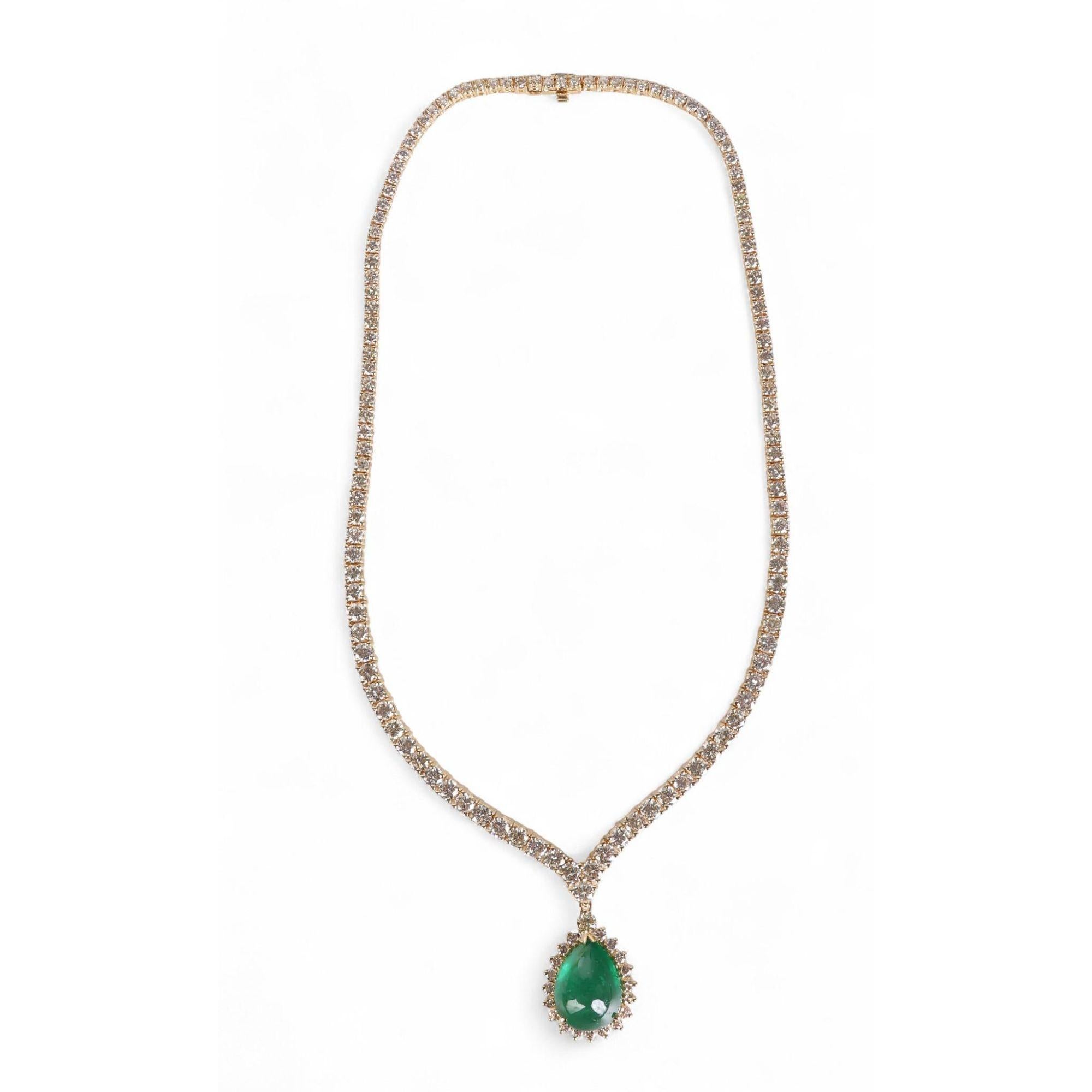 32 Carat Pear Cabochon Emerald 
Diamond 18K Gold Drop Emerald Necklace For Sale