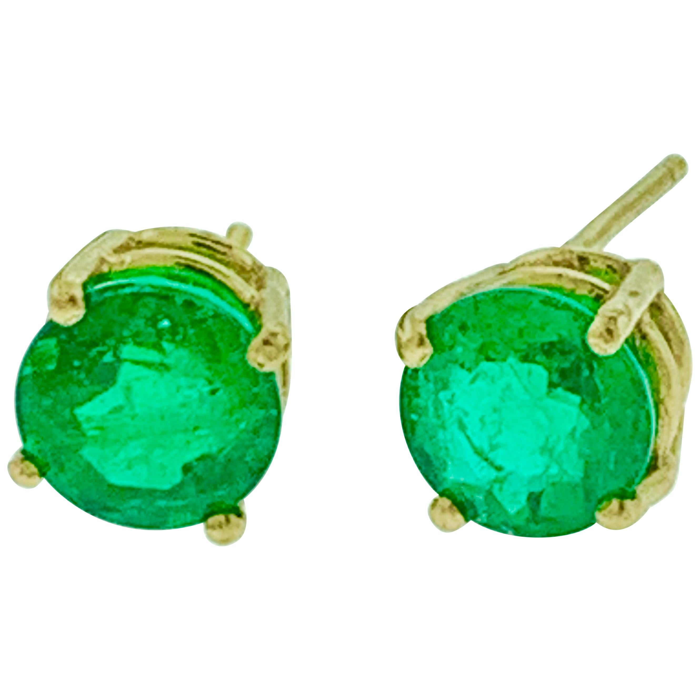 3.2 Carat Round Colombian Emerald Stud Post Earrings 14 Karat Yellow Gold