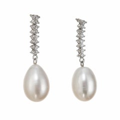 .32 Carat Round Diamond Tear Drop Shaped Pearl White Gold Dangle Drop Earrings