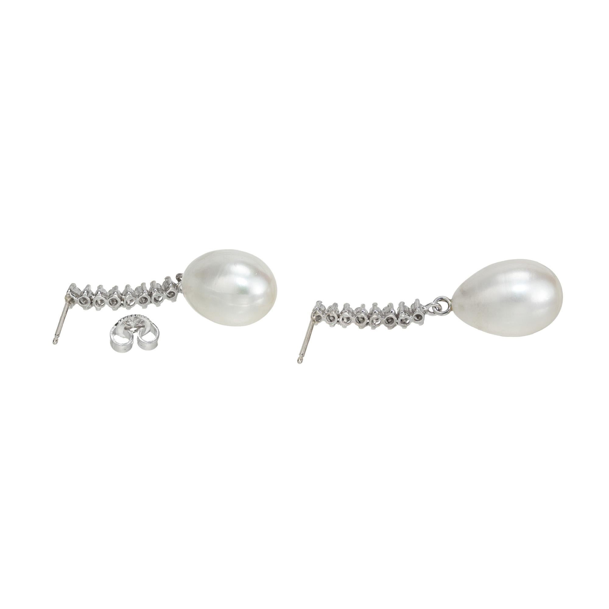 Round Cut .32 Carat Round Diamond Tear Drop Shaped Pearl White Gold Dangle Drop Earrings  For Sale