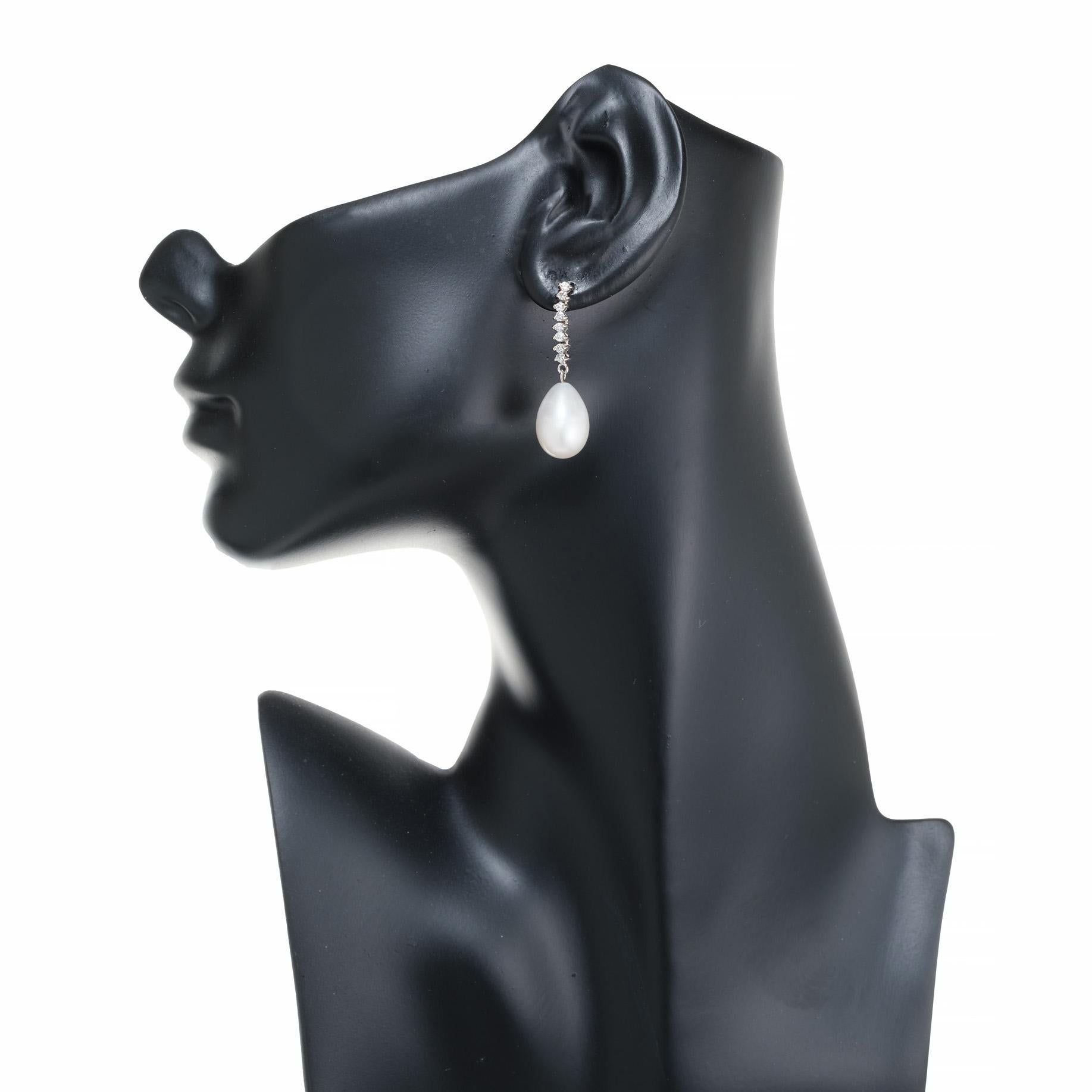 Women's .32 Carat Round Diamond Tear Drop Shaped Pearl White Gold Dangle Drop Earrings  For Sale
