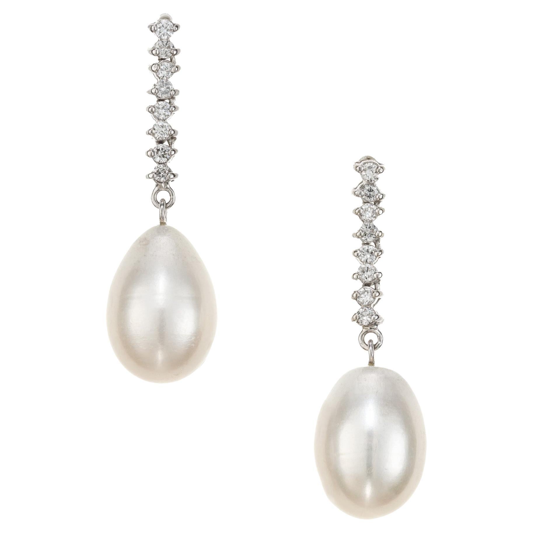 .32 Carat Round Diamond Tear Drop Shaped Pearl White Gold Dangle Drop Earrings  For Sale