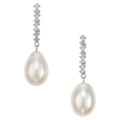 .32 Carat Round Diamond Tear Drop Shaped Pearl White Gold Dangle Drop Earrings 