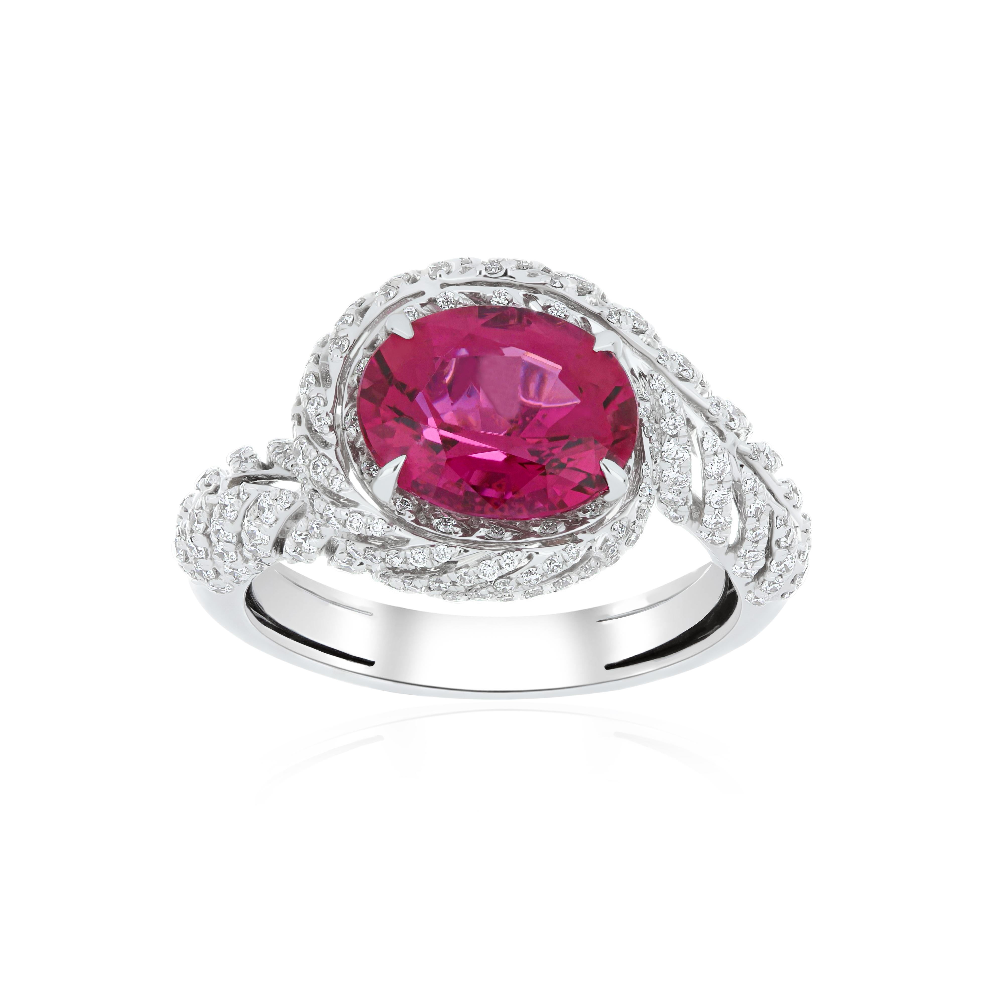 Oval Cut 3.2 Carat Rubellite and Diamond Studded Ring in 18K White Gold Ring For Sale