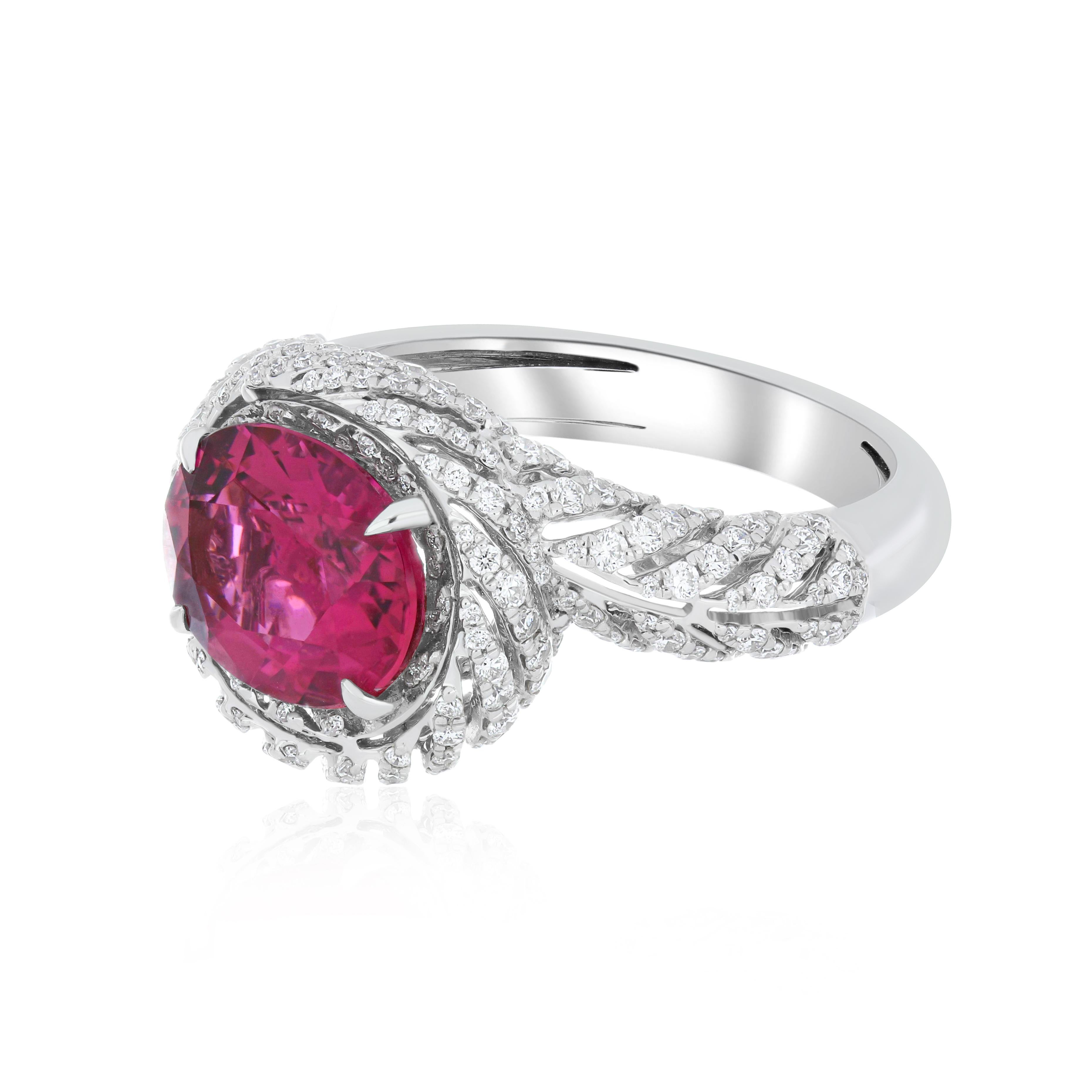 3.2 Carat Rubellite and Diamond Studded Ring in 18K White Gold Ring In New Condition For Sale In JAIPUR, IN