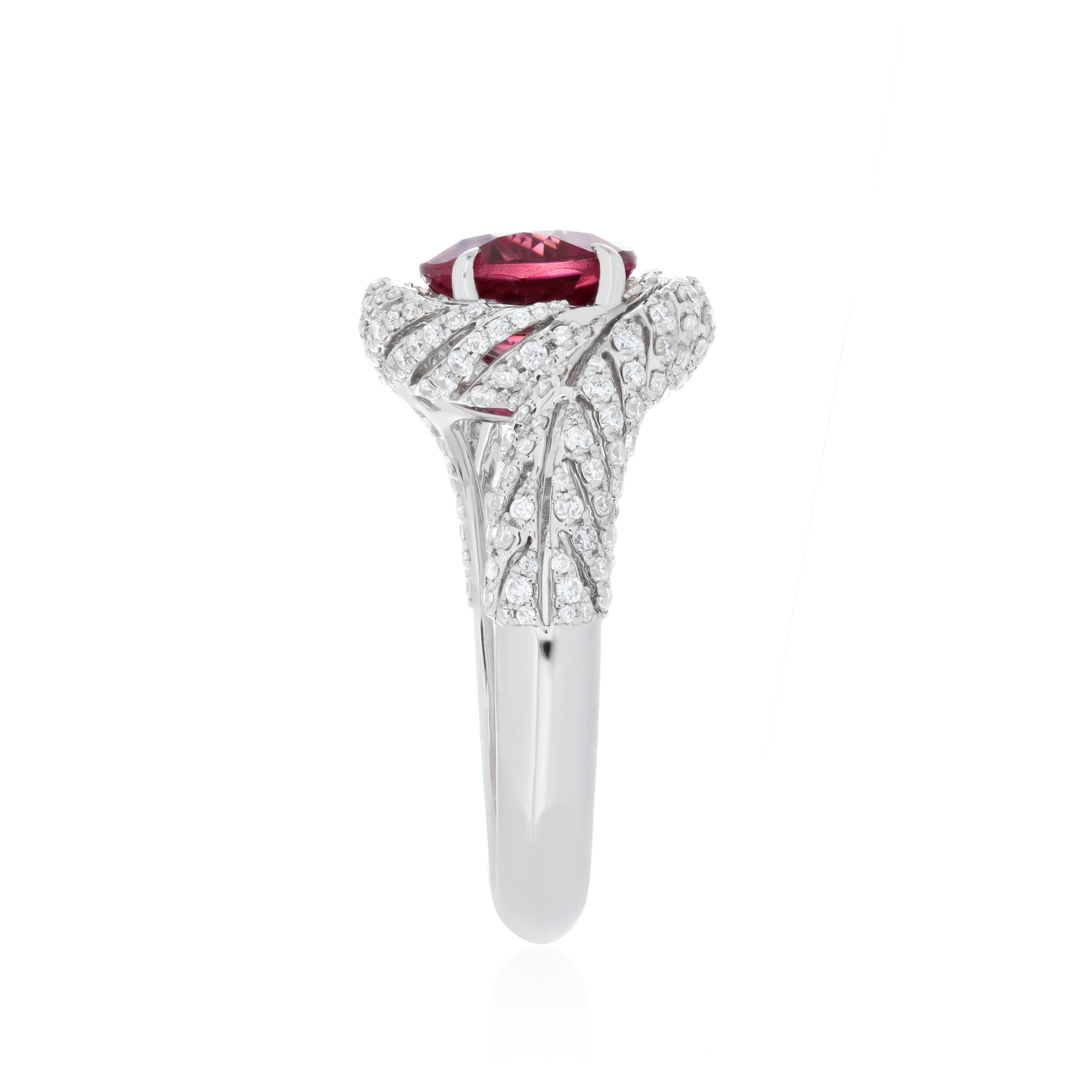 Women's 3.2 Carat Rubellite and Diamond Studded Ring in 18K White Gold Ring For Sale