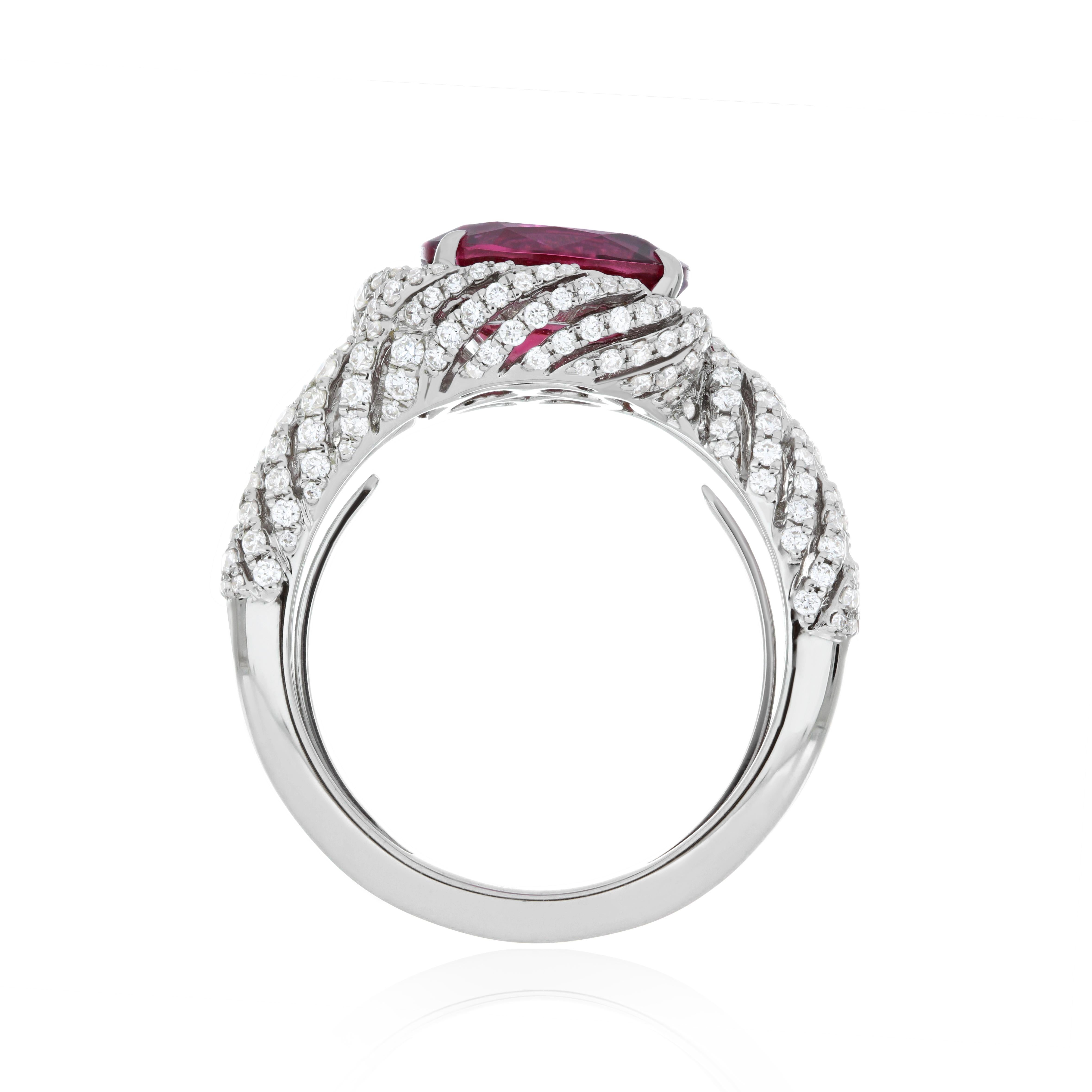 3.2 Carat Rubellite and Diamond Studded Ring in 18K White Gold Ring For Sale 1