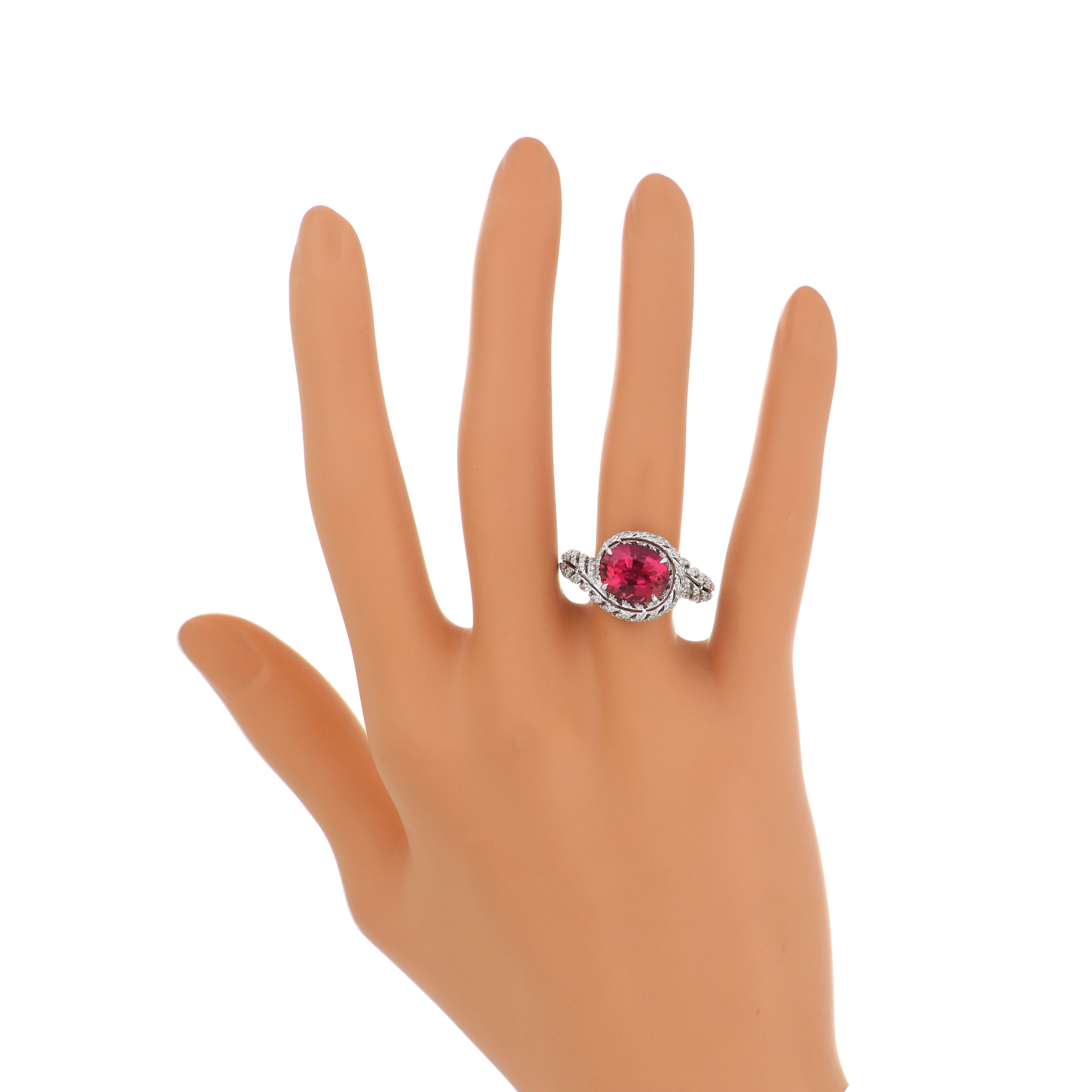 3.2 Carat Rubellite and Diamond Studded Ring in 18K White Gold Ring For Sale 3