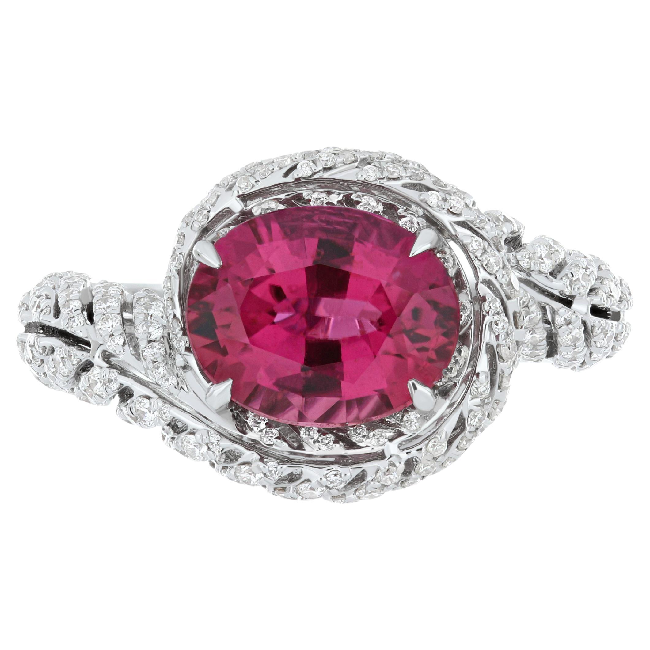 3.2 Carat Rubellite and Diamond Studded Ring in 18K White Gold Ring For Sale