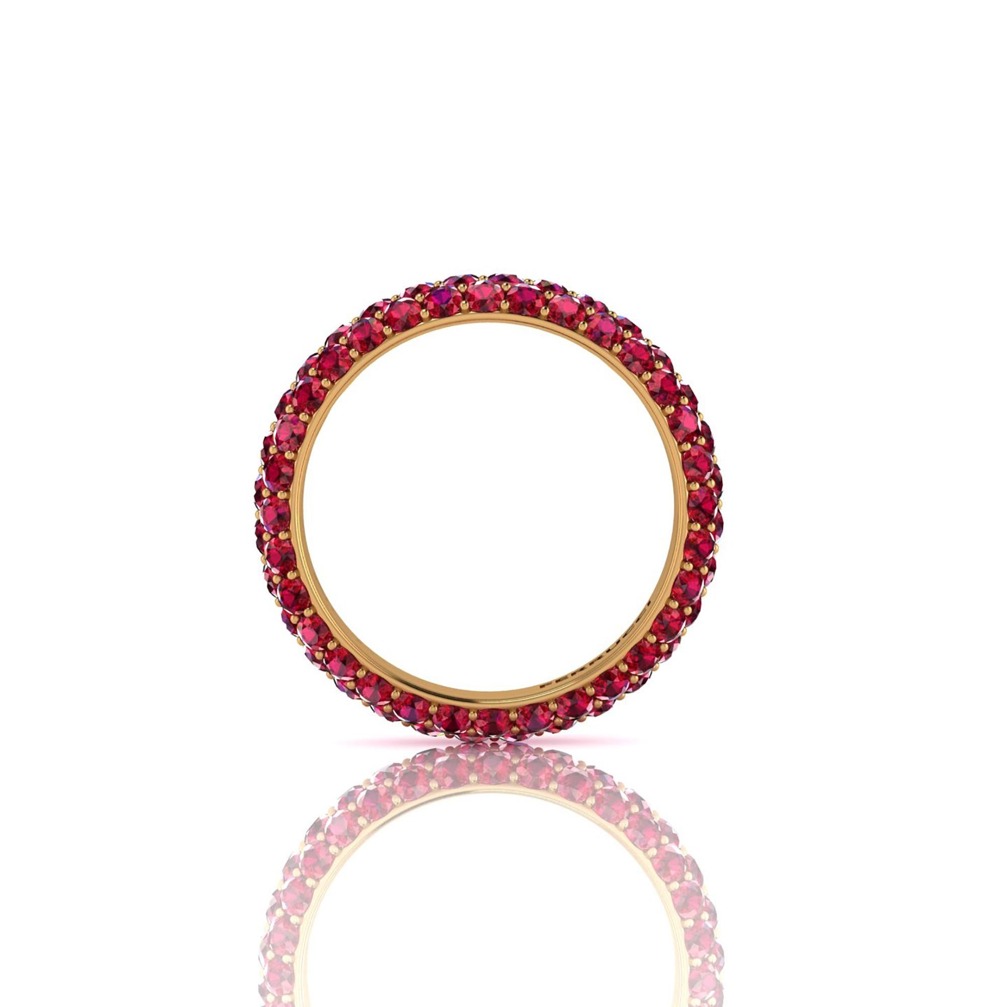 Modern 3.2 Carat Ruby Pave Eternity Ring in 18 Karat Yellow Gold For Sale