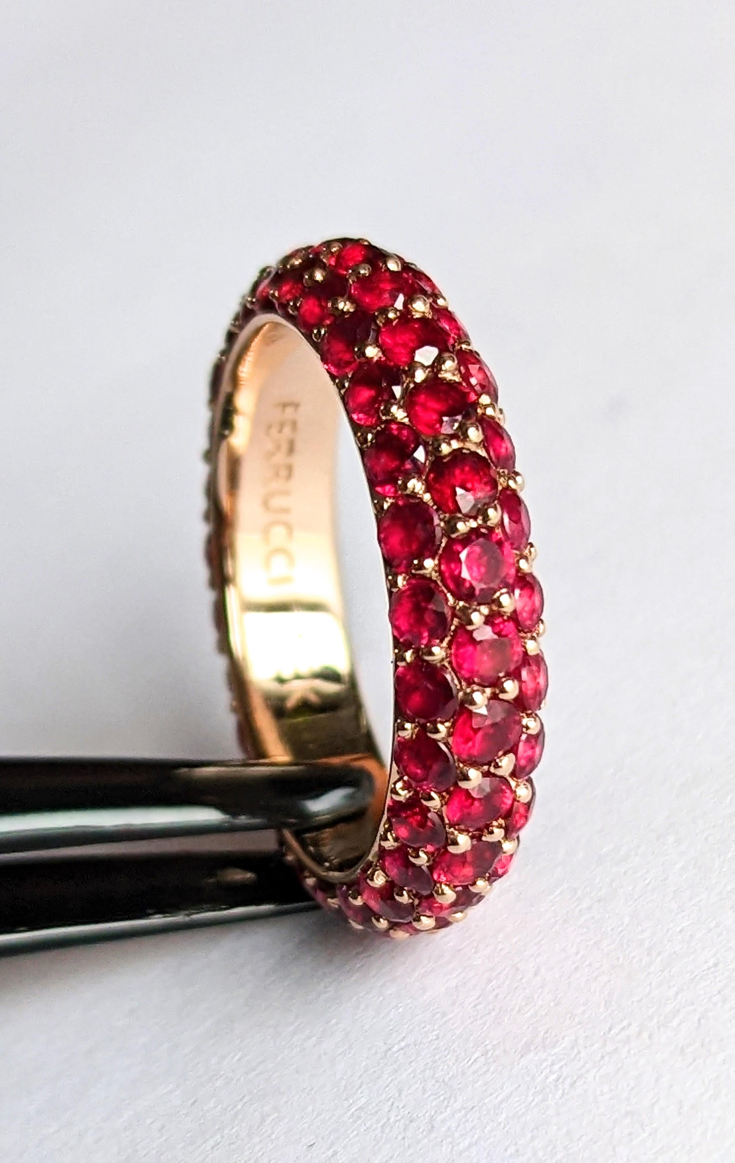 Women's 3.2 Carat Ruby Pave Eternity Ring in 18 Karat Yellow Gold For Sale