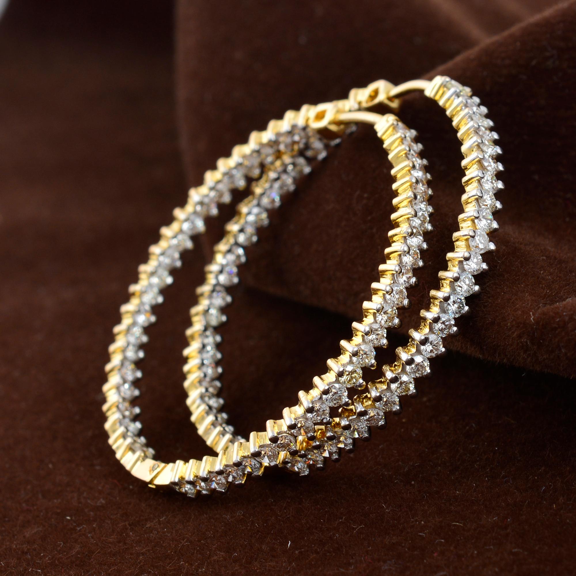Modern 3.2 Carat SI Clarity HI Color Diamond Hoop Earrings 14 Karat Yellow Gold Jewelry For Sale