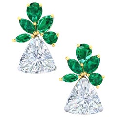 3.2 Carat Trillion Triangular Diamond and Emerald Yellow and White Gold Earrings