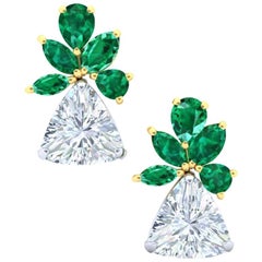 3.2 Carat Trillion Triangular Diamond and Emerald Yellow and White Gold Earrings