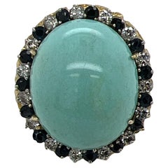 32 Carat Turquoise Diamond Sapphire Yellow Gold Vintage Cocktail Ring