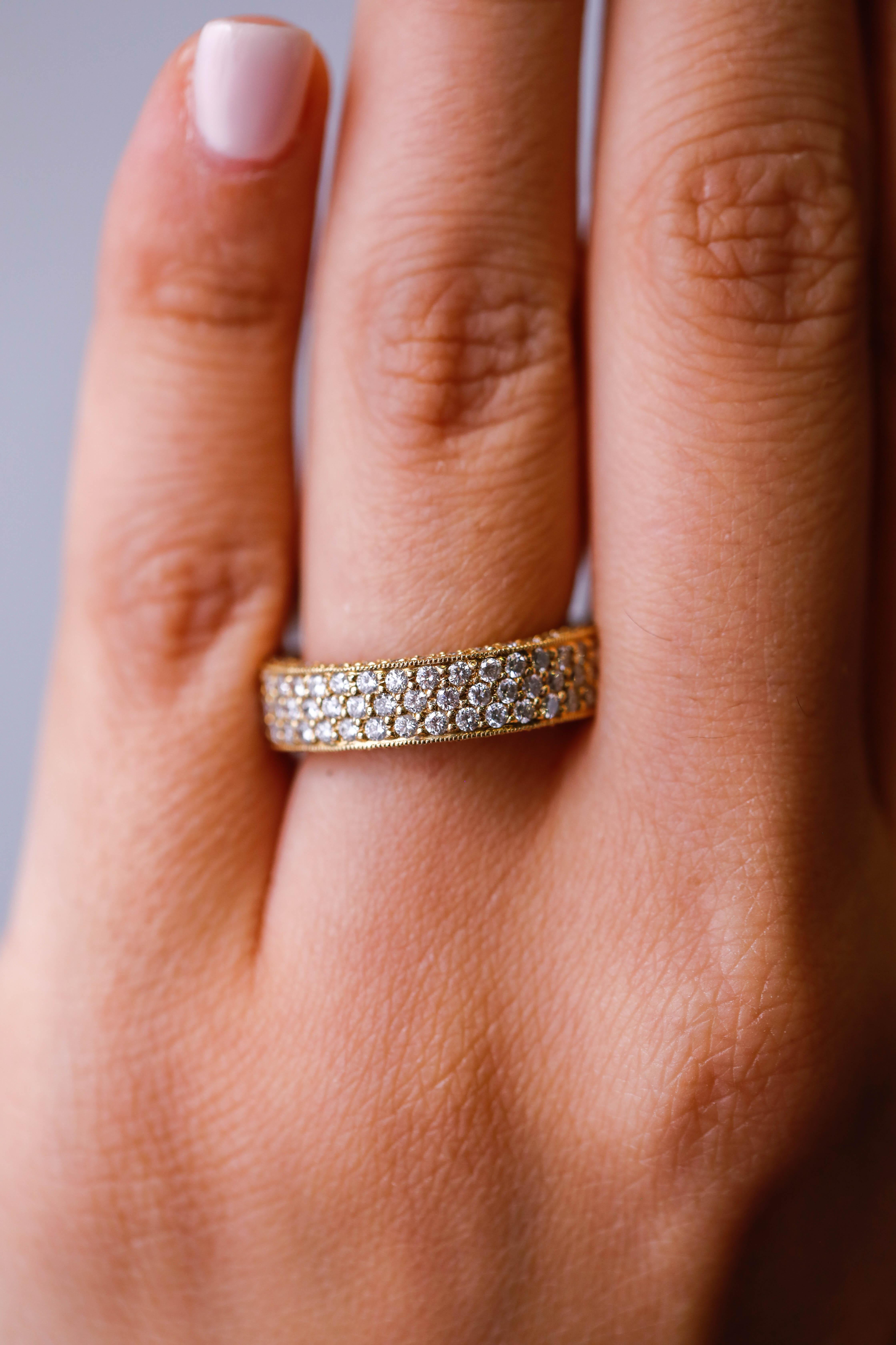 Contemporary 3.2Ct. Diamond Pave Filigree Eternity Band in 18K Solid Yellow Gold Size 6.75
