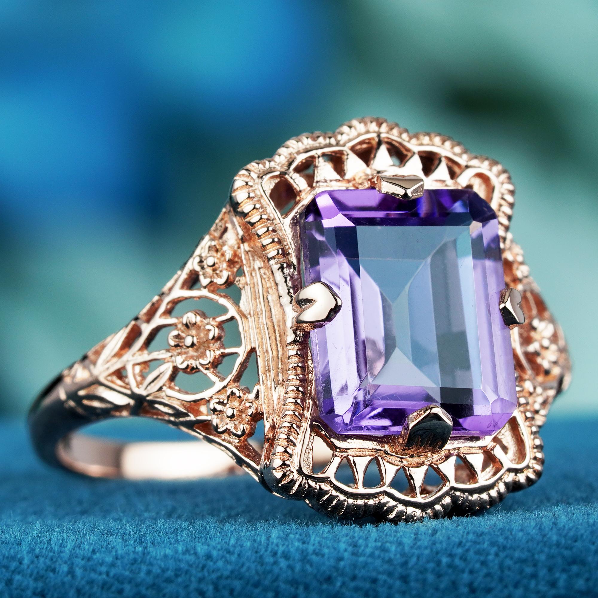 Edoardiano 3,2 Ct. Anello in filigrana di ametista in stile vintage in  Oro rosa massiccio 9K in vendita