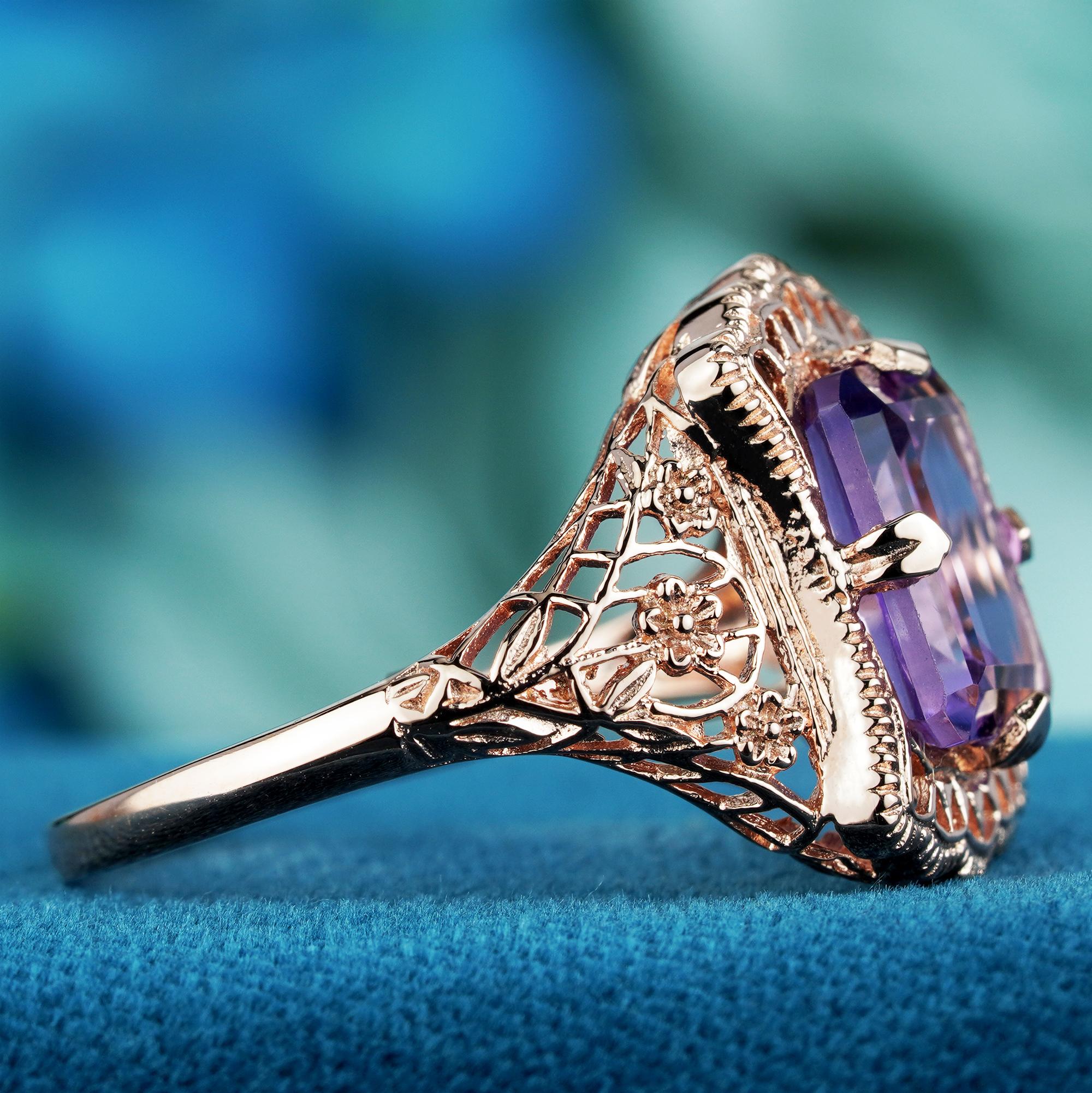 Taglio smeraldo 3,2 Ct. Anello in filigrana di ametista in stile vintage in  Oro rosa massiccio 9K in vendita