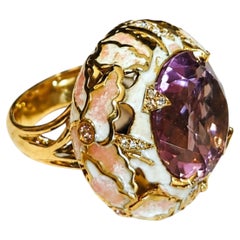 32 Ct Ametrine Cocktail Ring Diamonds Enamel 18K Gold Konforti - Ready To Ship