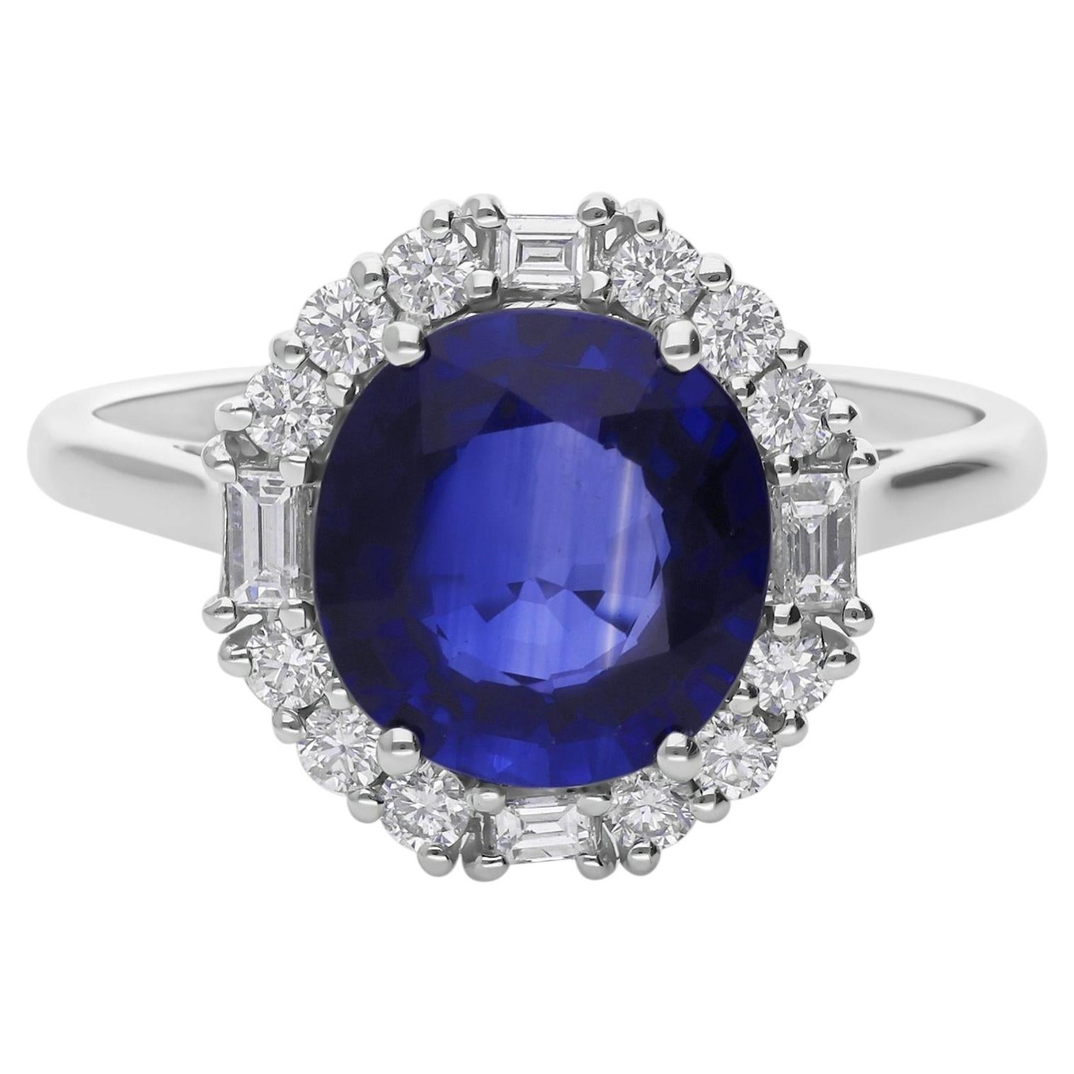 Anillo de compromiso con zafiro azul de 3,2 ct y halo de diamantes de 0,38 ct, en oro blanco de 18 quilates