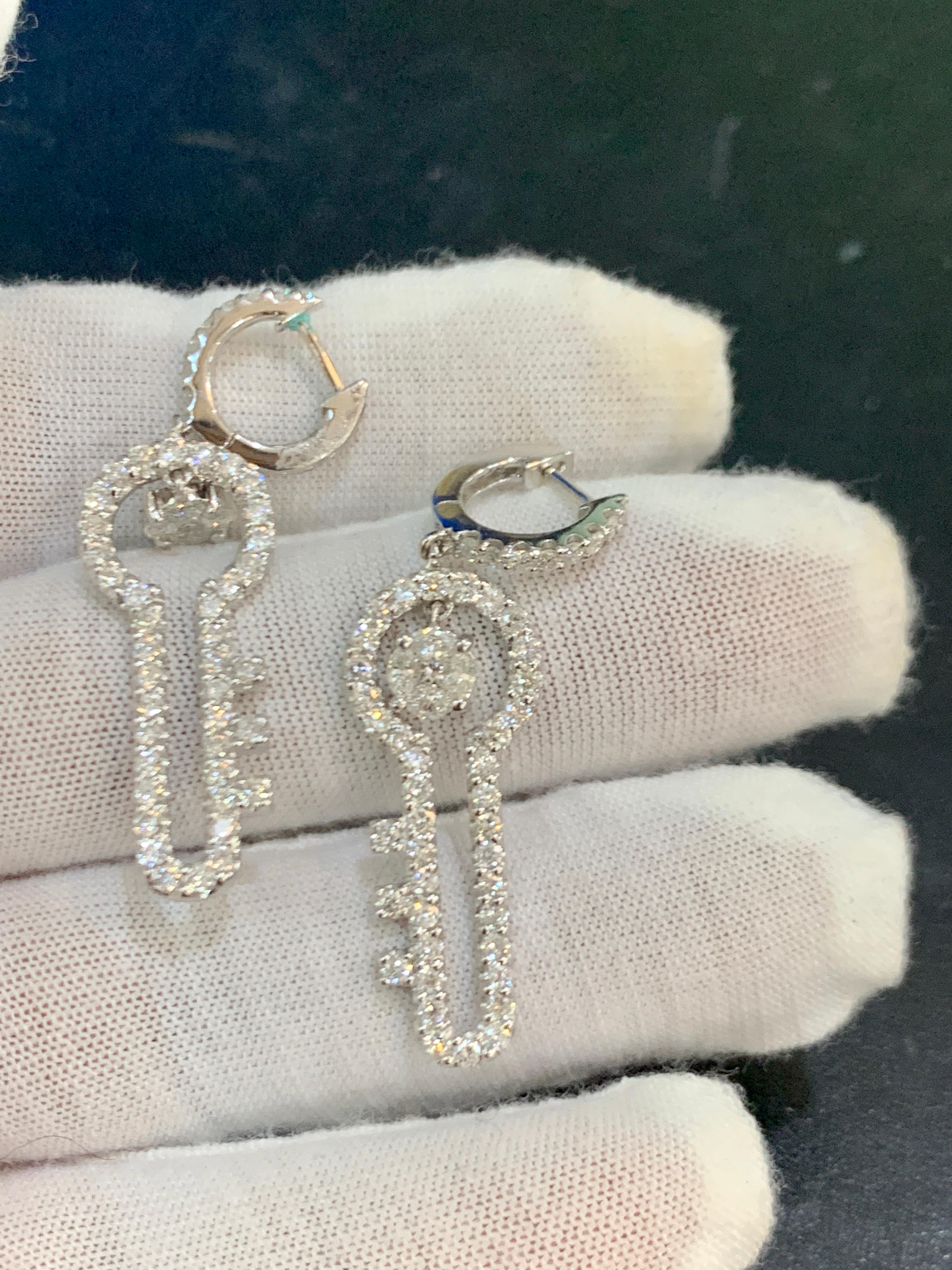 Women's 3.2 Ct Diamond Drop Cocktail Key Shape Earrings in 14 Karat White Gold 8 Grams For Sale